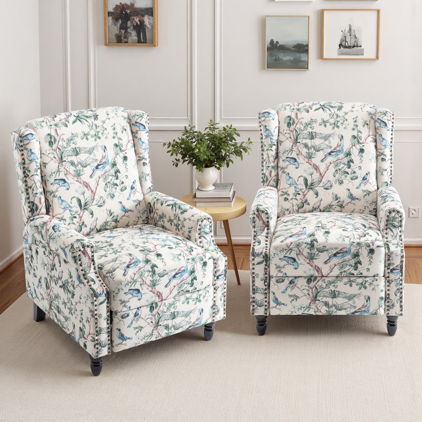 Lot de 2 chaises inclinables à dossier manuel à motif floral vintage, 73,6 cm de largeur.