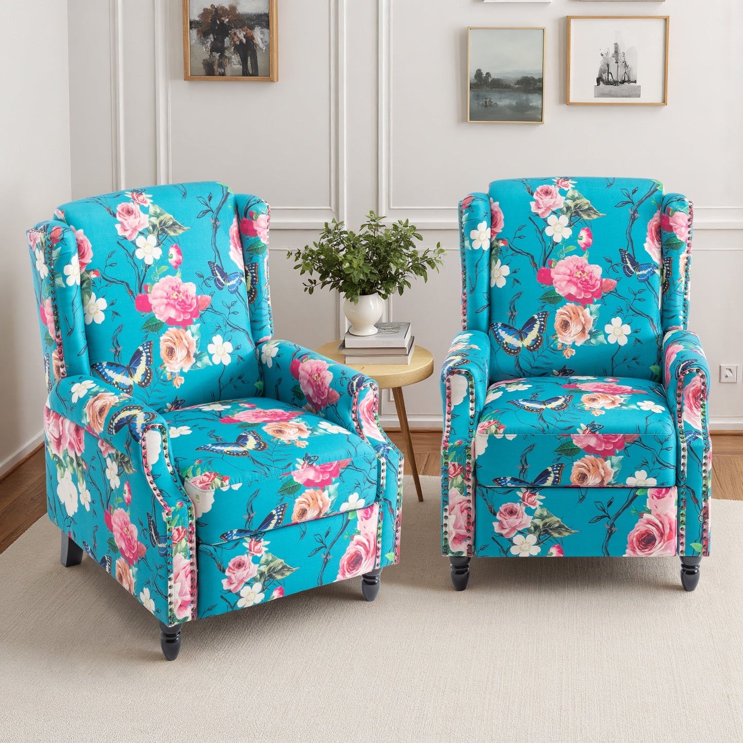 Lot de 2 chaises inclinables à dossier manuel à motif floral vintage, 73,6 cm de largeur.