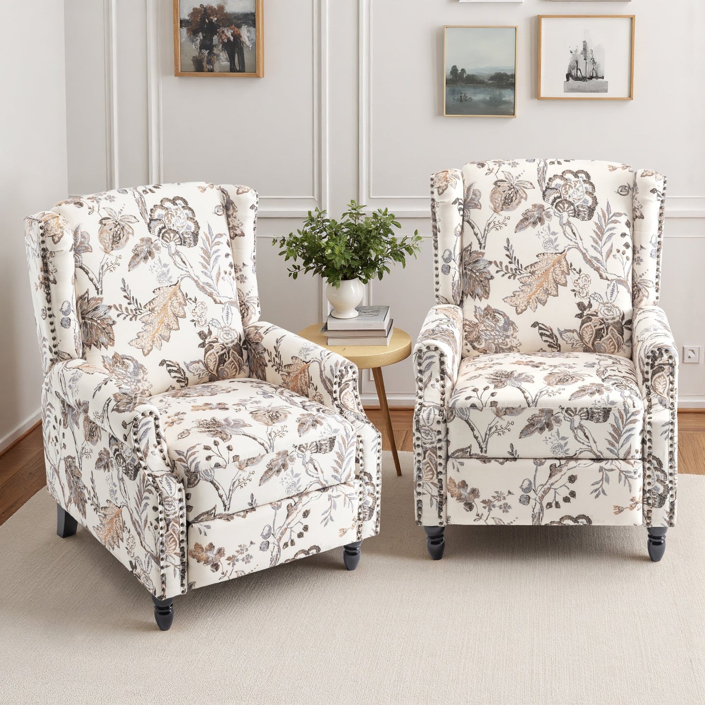 Lot de 2 chaises inclinables à dossier manuel à motif floral vintage, 73,6 cm de largeur.