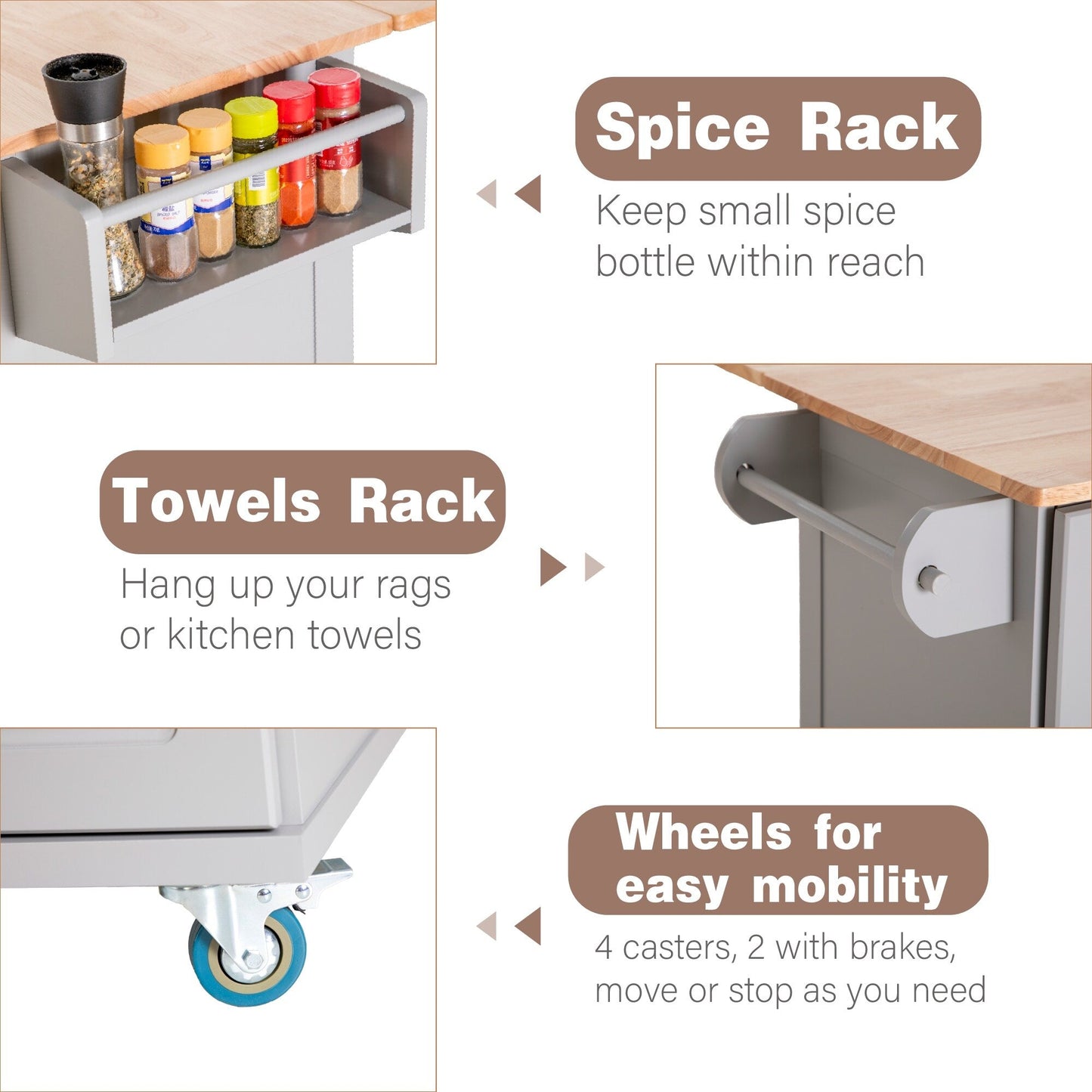 Chariot d'îlot de cuisine Sophia & William avec plateau rabattable et plateau en bois de caoutchouc, chariot de cuisine roulant avec grand placard de rangement