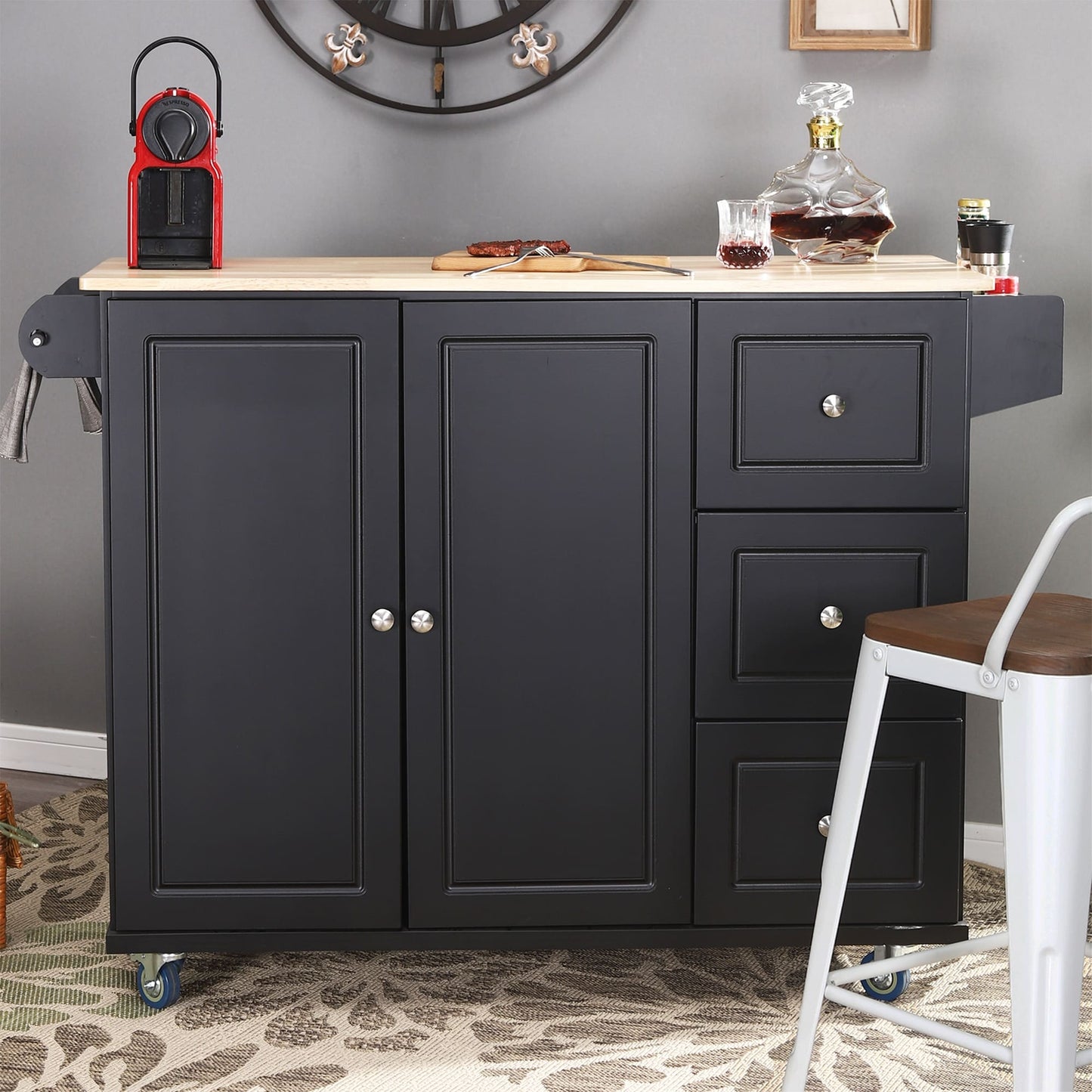 Chariot d'îlot de cuisine Sophia & William avec plateau rabattable et plateau en bois de caoutchouc, chariot de cuisine roulant avec grand placard de rangement