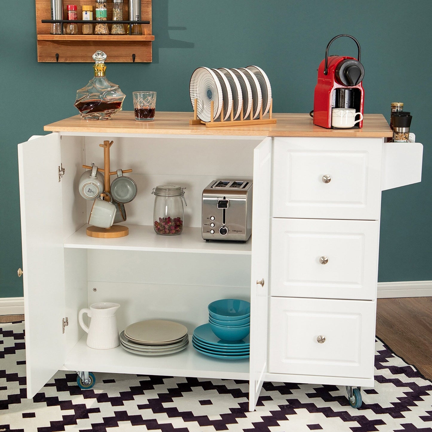 Chariot d'îlot de cuisine Sophia & William avec plateau rabattable et plateau en bois de caoutchouc, chariot de cuisine roulant avec grand placard de rangement