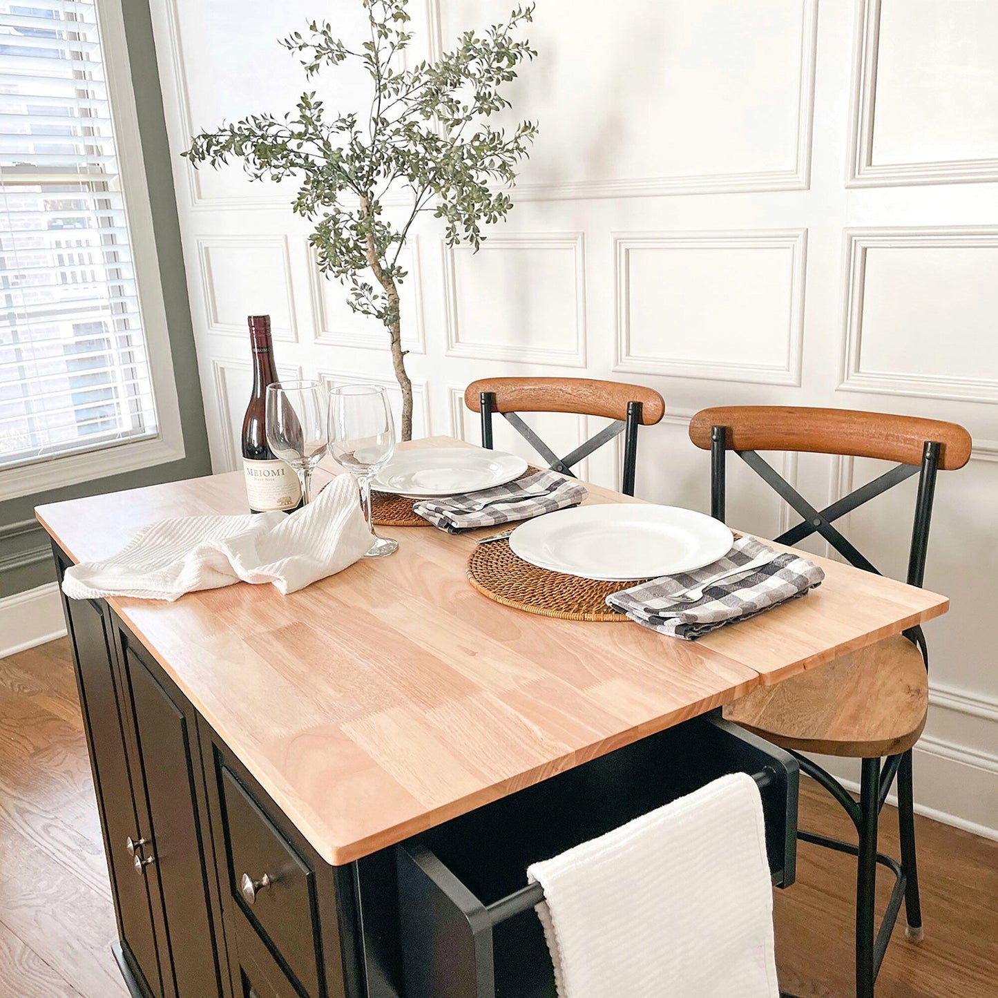 Chariot d'îlot de cuisine Sophia & William avec plateau rabattable et plateau en bois de caoutchouc, chariot de cuisine roulant avec grand placard de rangement