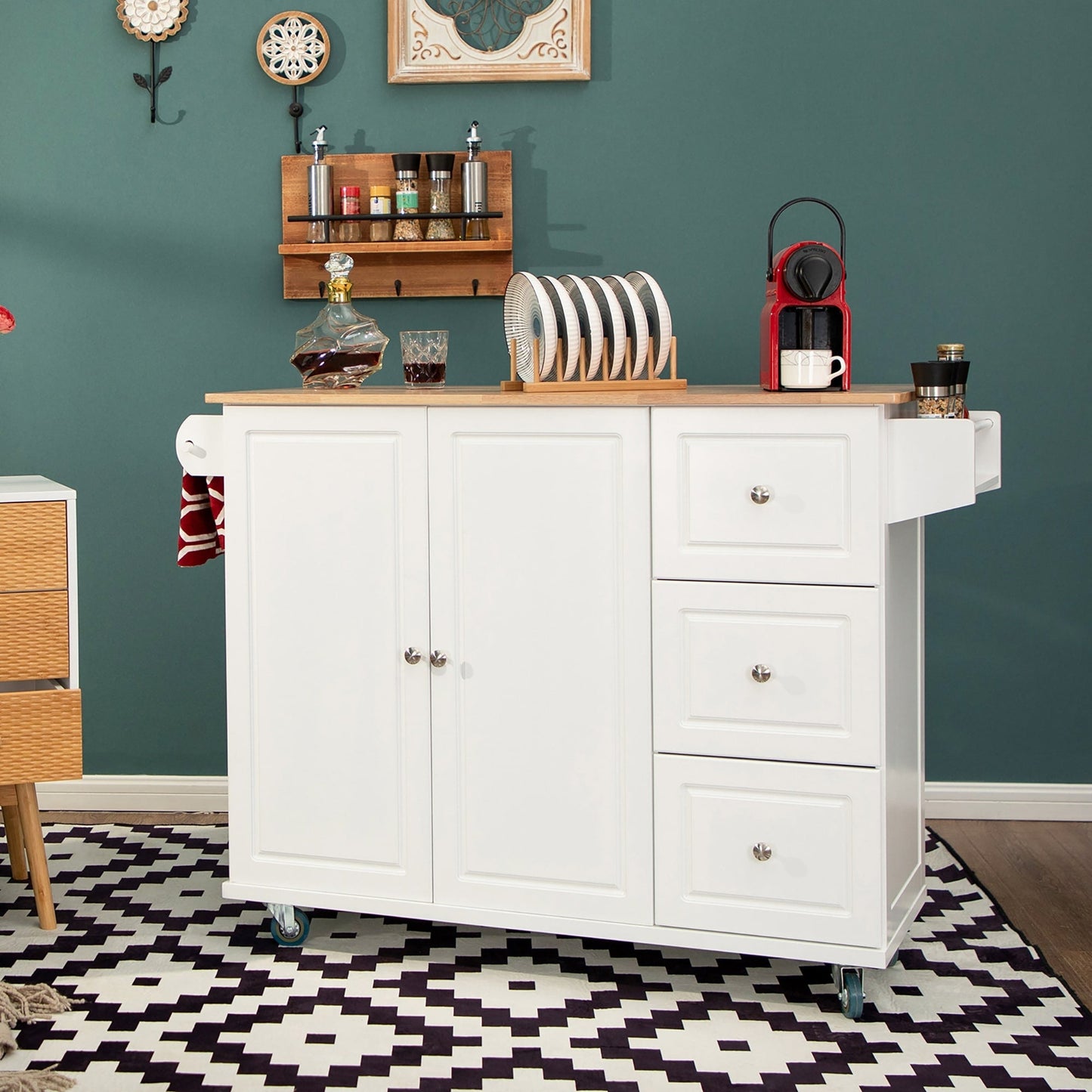 Chariot d'îlot de cuisine Sophia & William avec plateau rabattable et plateau en bois de caoutchouc, chariot de cuisine roulant avec grand placard de rangement