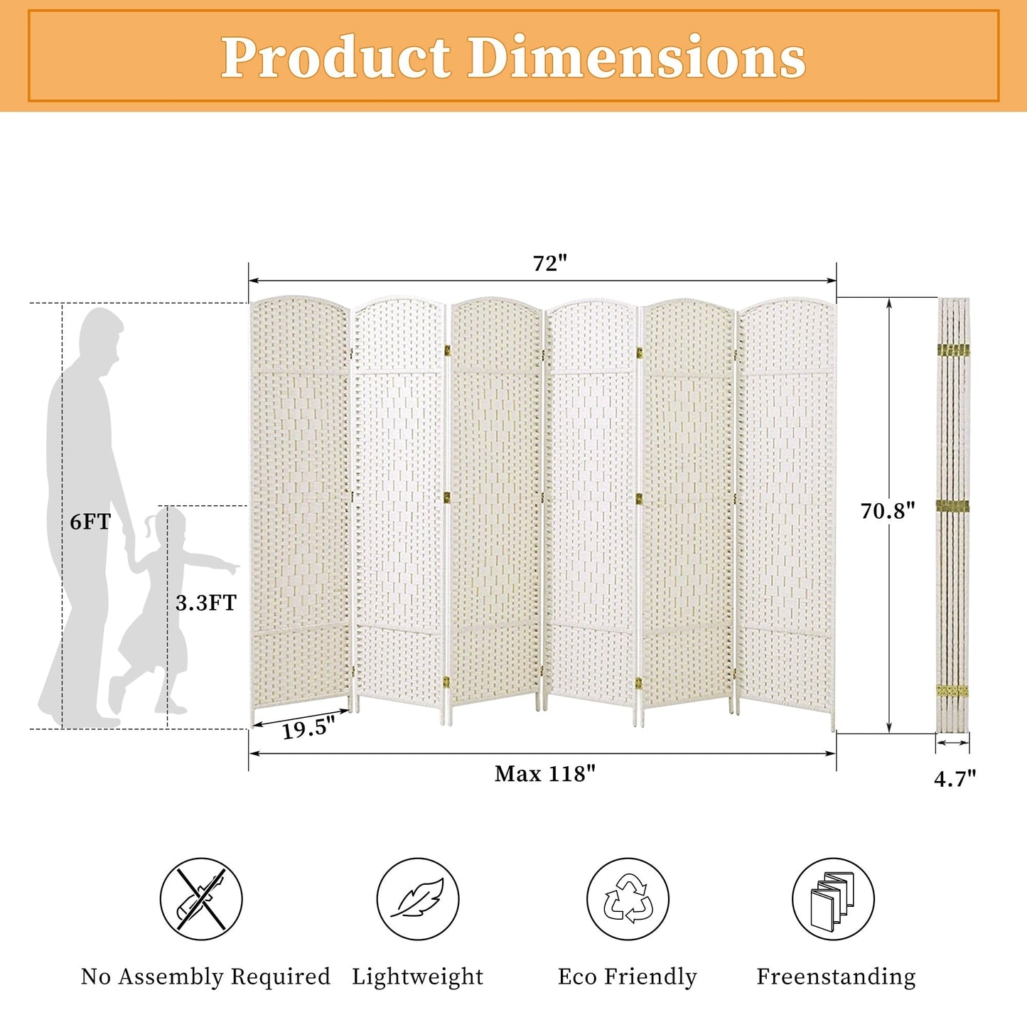 Paravent pliable, séparateur de pièce, hauteur 6 pieds, fibre tressée, écran de confidentialité autoportant