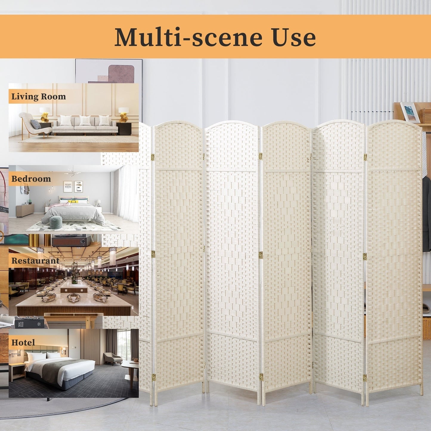 Paravent pliable, séparateur de pièce, hauteur 6 pieds, fibre tressée, écran de confidentialité autoportant