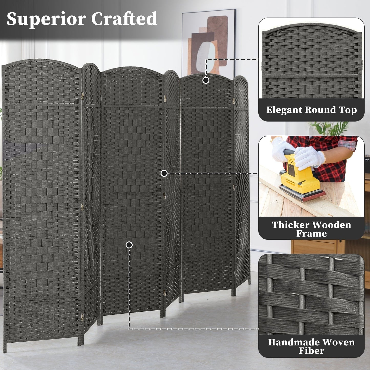Paravent pliable, séparateur de pièce, hauteur 6 pieds, fibre tressée, écran de confidentialité autoportant
