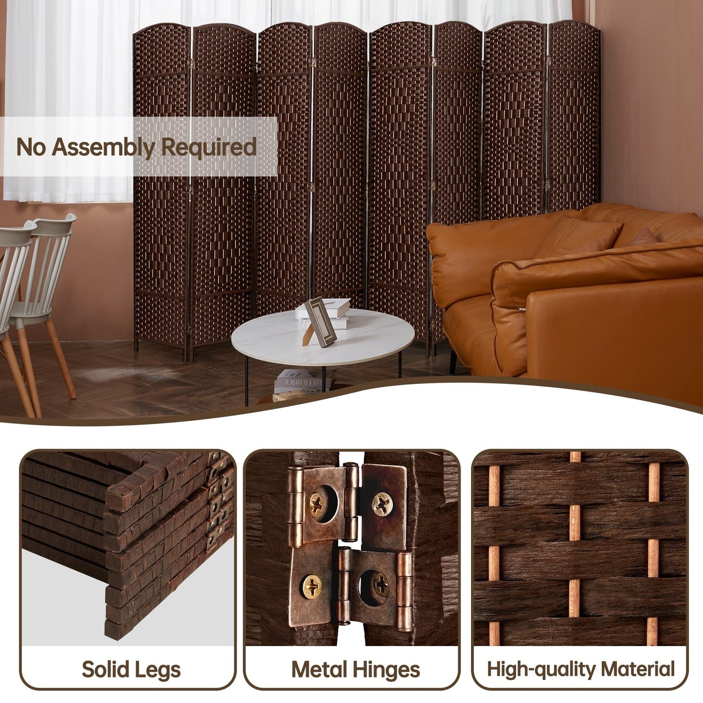 Paravent pliable, séparateur de pièce, hauteur 6 pieds, fibre tressée, écran de confidentialité autoportant