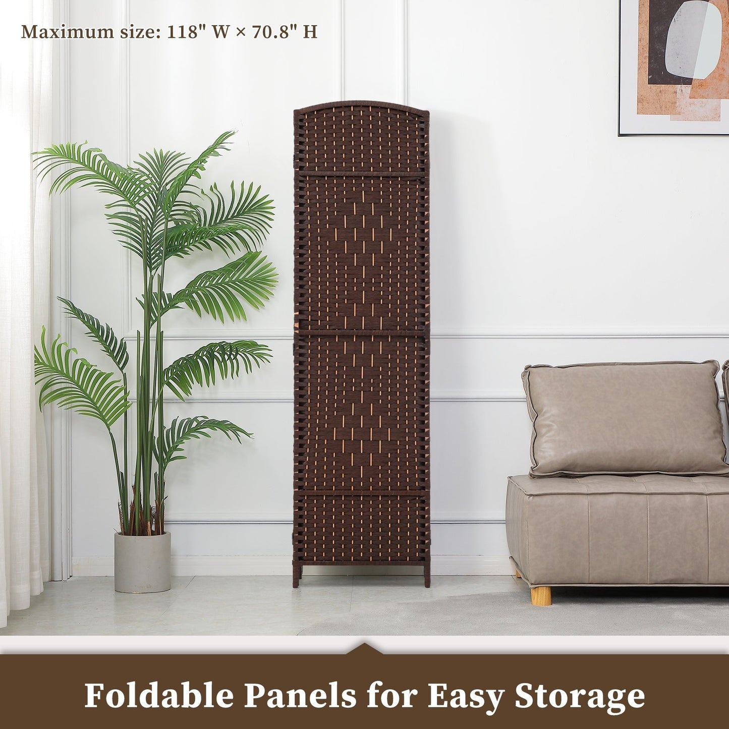 Paravent pliable, séparateur de pièce, hauteur 6 pieds, fibre tressée, écran de confidentialité autoportant