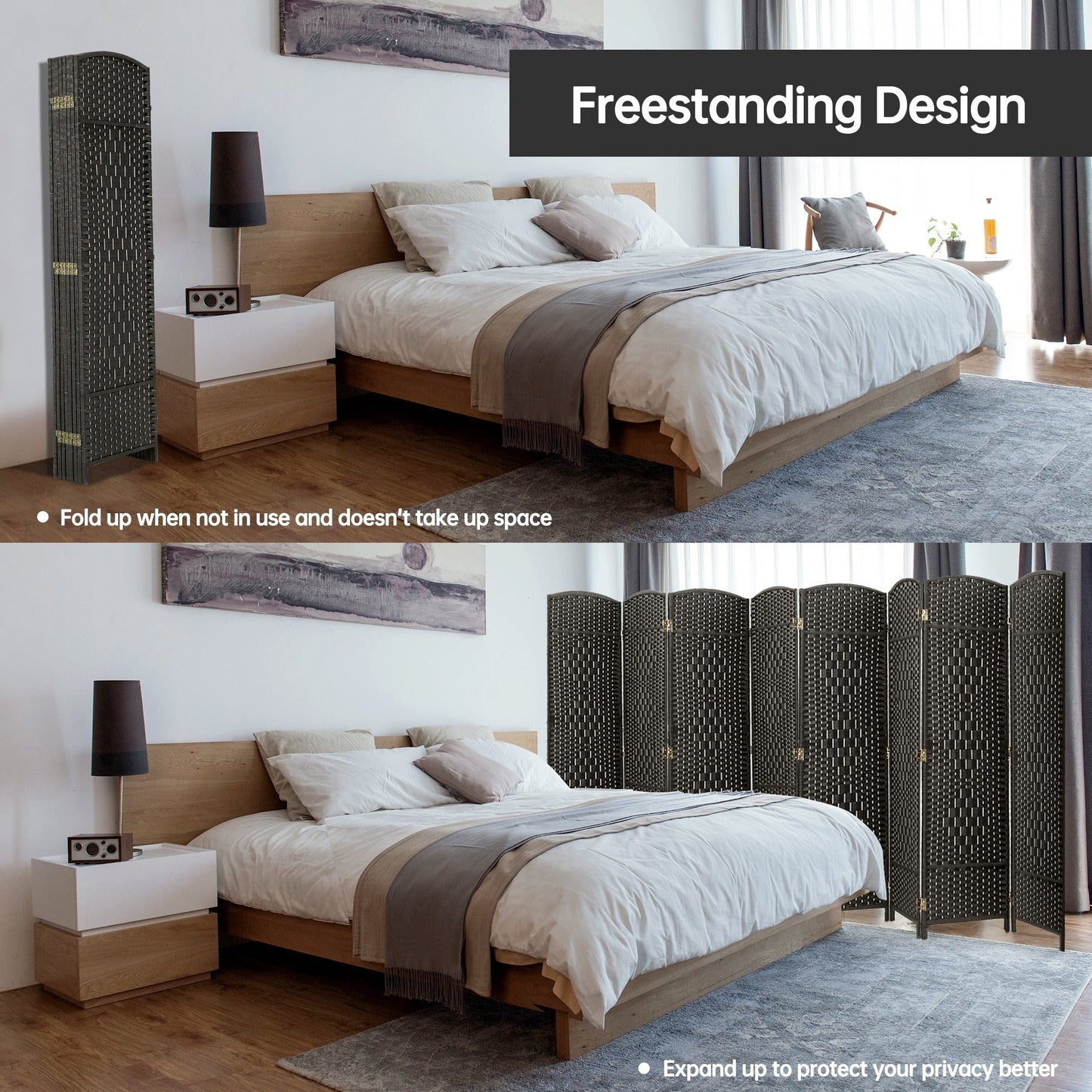 Paravent pliable, séparateur de pièce, hauteur 6 pieds, fibre tressée, écran de confidentialité autoportant