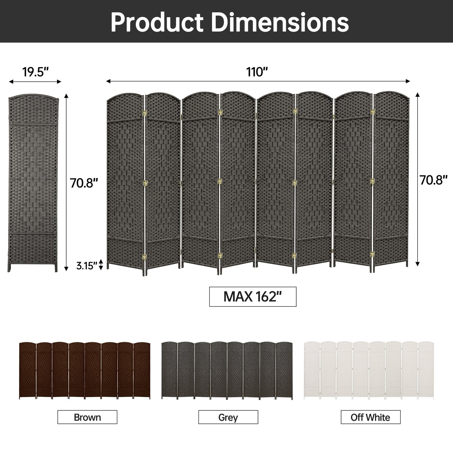 Paravent pliable, séparateur de pièce, hauteur 6 pieds, fibre tressée, écran de confidentialité autoportant