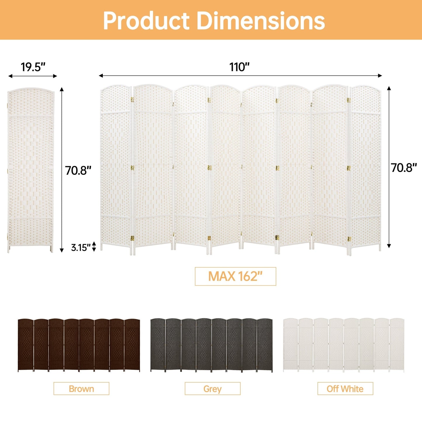 Paravent pliable, séparateur de pièce, hauteur 6 pieds, fibre tressée, écran de confidentialité autoportant