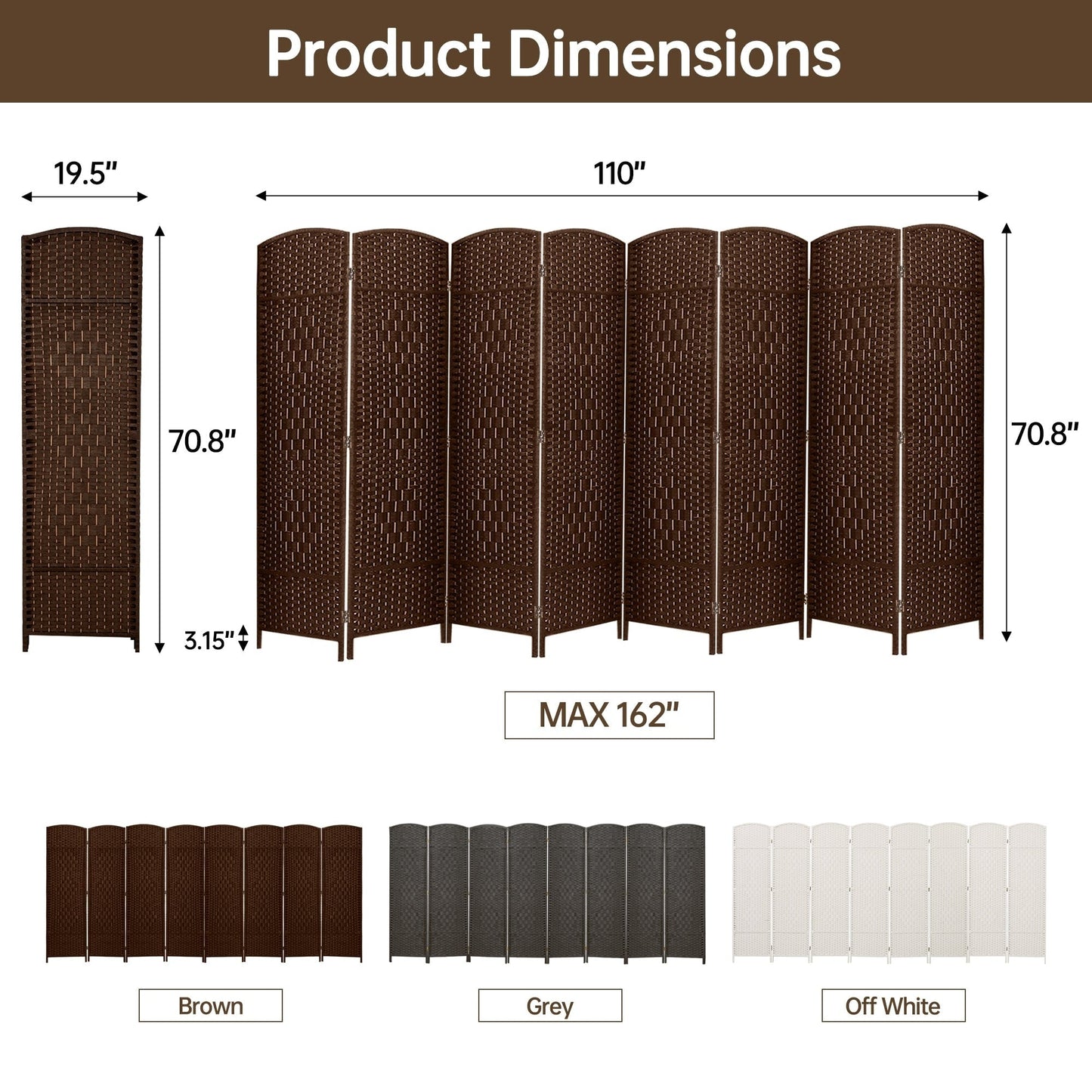Paravent pliable, séparateur de pièce, hauteur 6 pieds, fibre tressée, écran de confidentialité autoportant