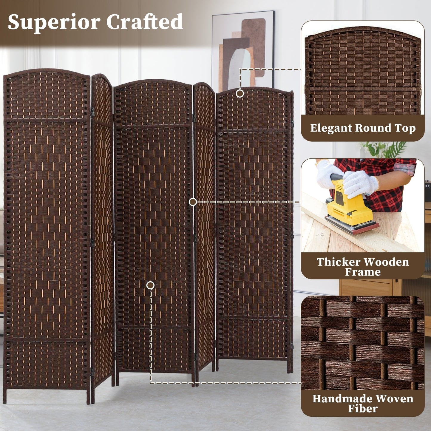 Paravent pliable, séparateur de pièce, hauteur 6 pieds, fibre tressée, écran de confidentialité autoportant