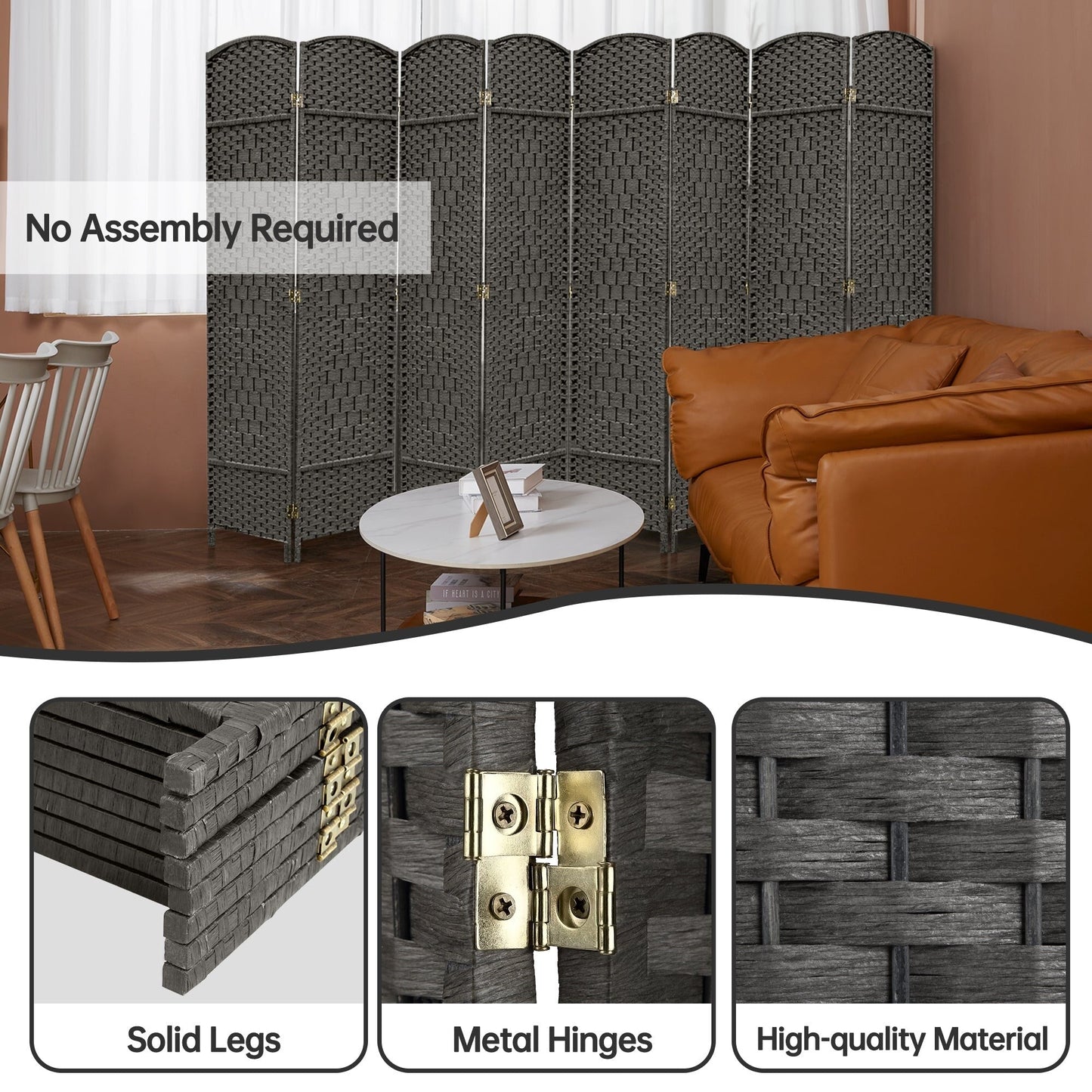 Paravent pliable, séparateur de pièce, hauteur 6 pieds, fibre tressée, écran de confidentialité autoportant