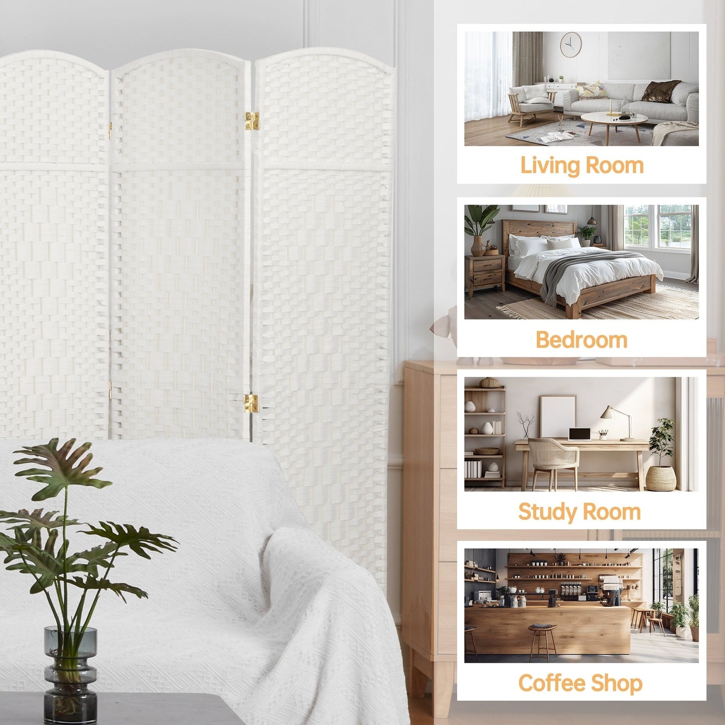 Paravent pliable, séparateur de pièce, hauteur 6 pieds, fibre tressée, écran de confidentialité autoportant