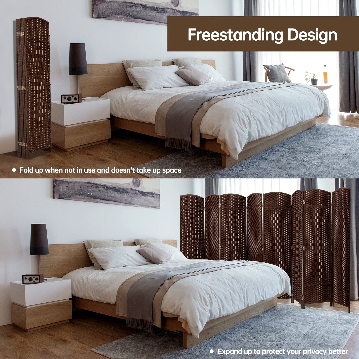 Paravent pliable, séparateur de pièce, hauteur 6 pieds, fibre tressée, écran de confidentialité autoportant