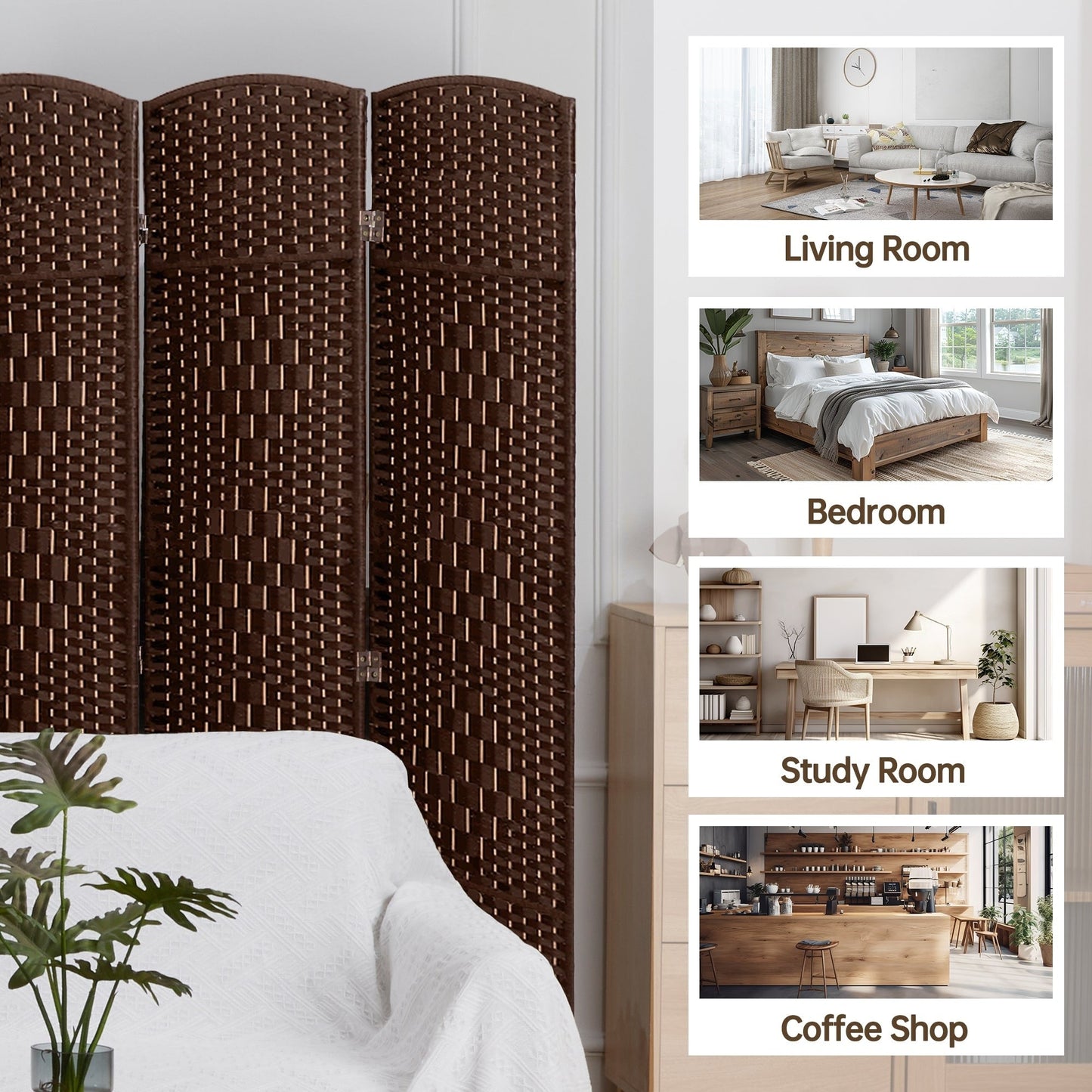 Paravent pliable, séparateur de pièce, hauteur 6 pieds, fibre tressée, écran de confidentialité autoportant