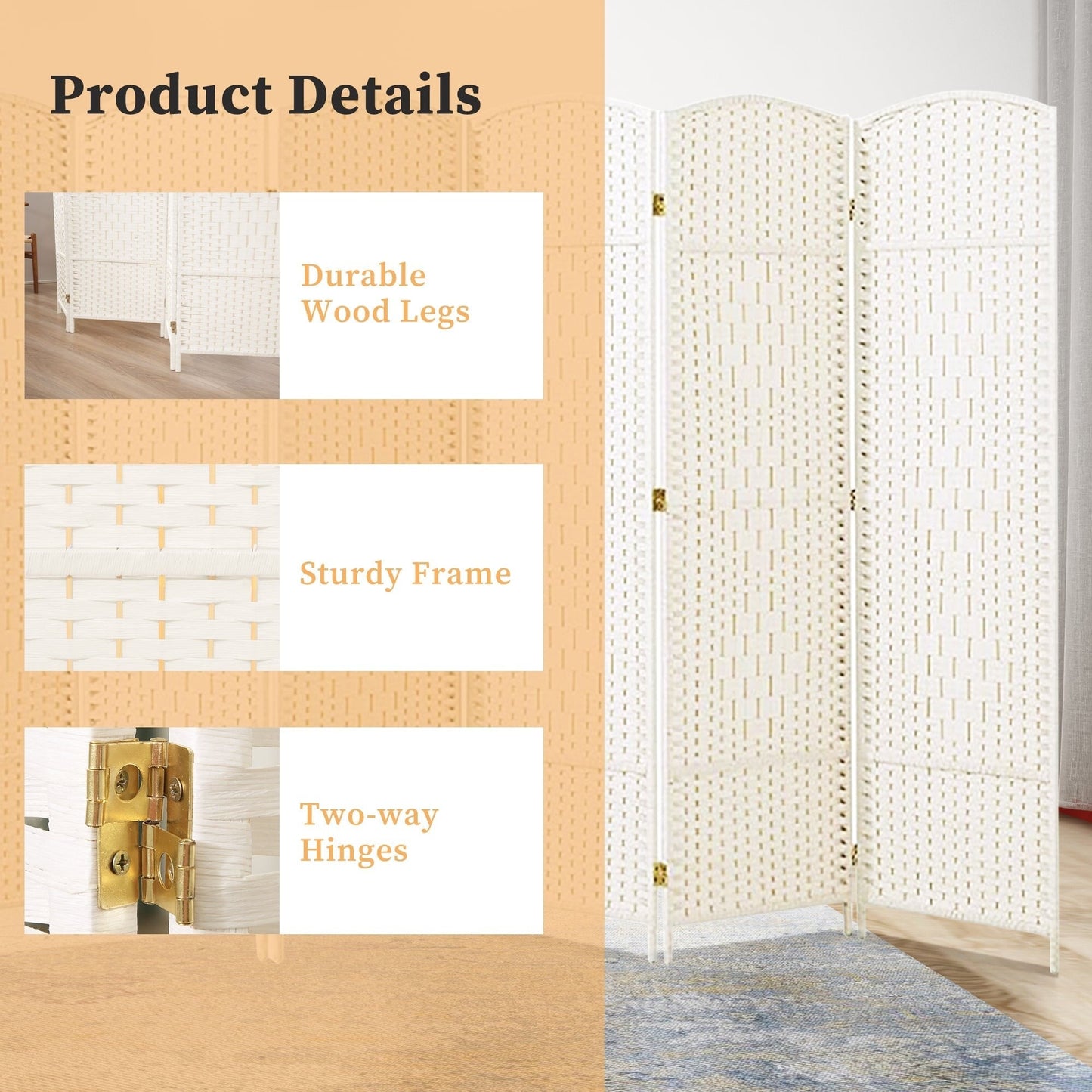 Paravent pliable, séparateur de pièce, hauteur 6 pieds, fibre tressée, écran de confidentialité autoportant