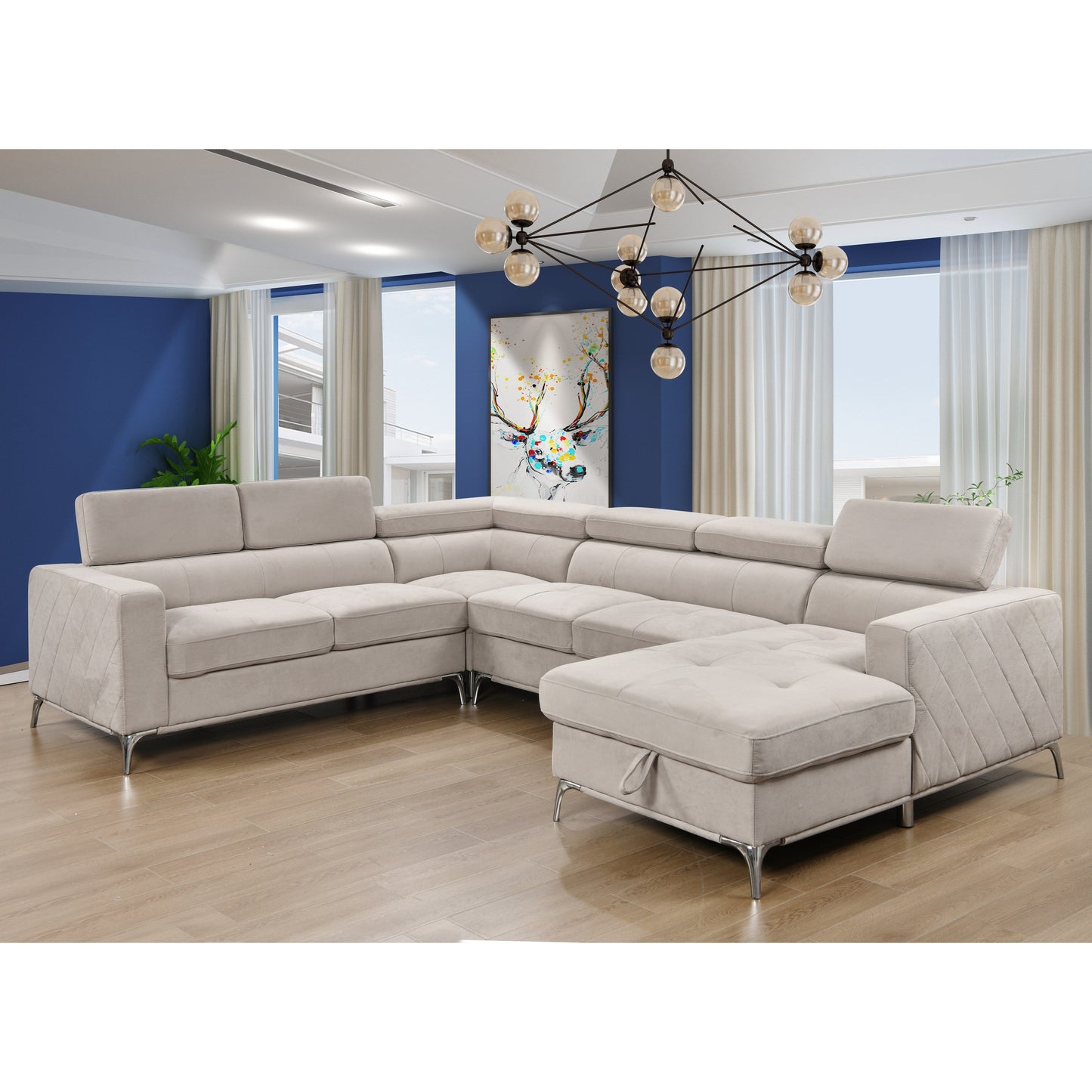 Roomfitters 122 Canapé Sectionnel Extra-Large avec Chaise Longue et Range-Ménage, Canapé Contemporain en Forme de U à 7 Places