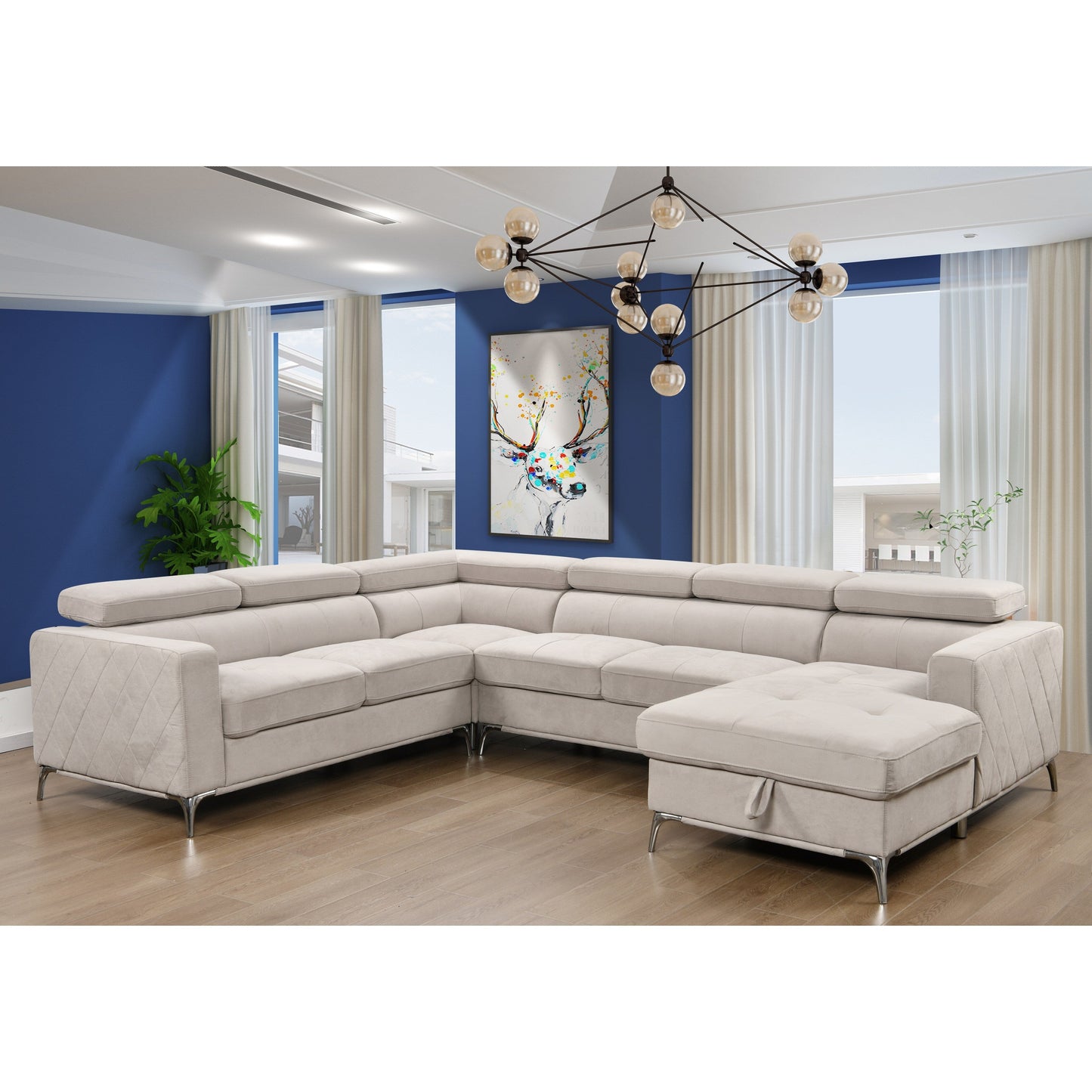 Roomfitters 122 Canapé Sectionnel Extra-Large avec Chaise Longue et Range-Ménage, Canapé Contemporain en Forme de U à 7 Places