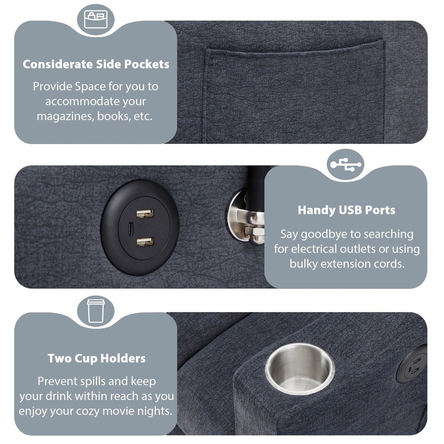 Canapé-lit convertible Roomfitters avec ports USB, poches latérales, porte-gobelets et support de téléphone pivotant pour salon.