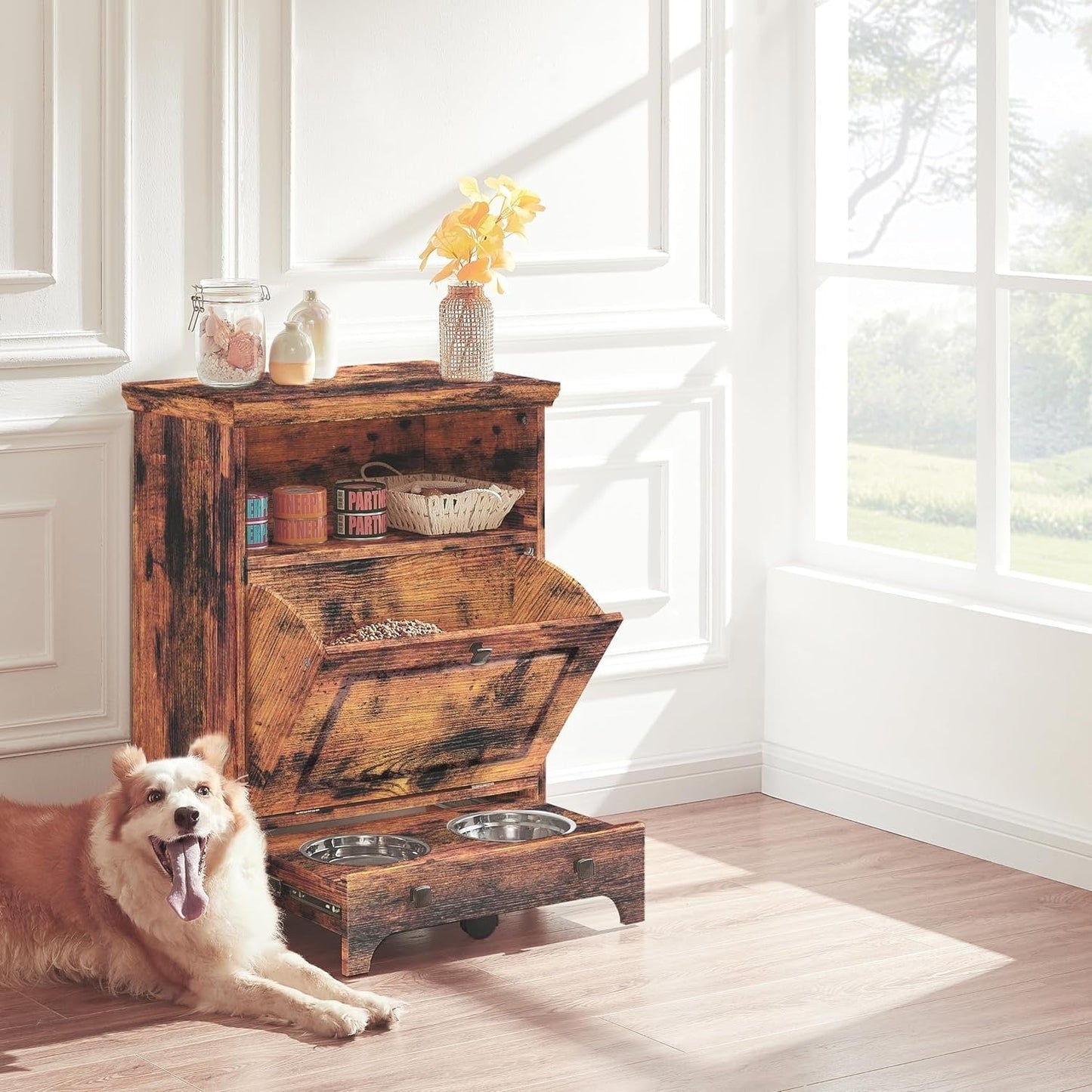 Station d'alimentation pour chien Roomfitters avec 2 gamelles surélevées, meuble de rangement basculant pour l'alimentation des animaux domestiques