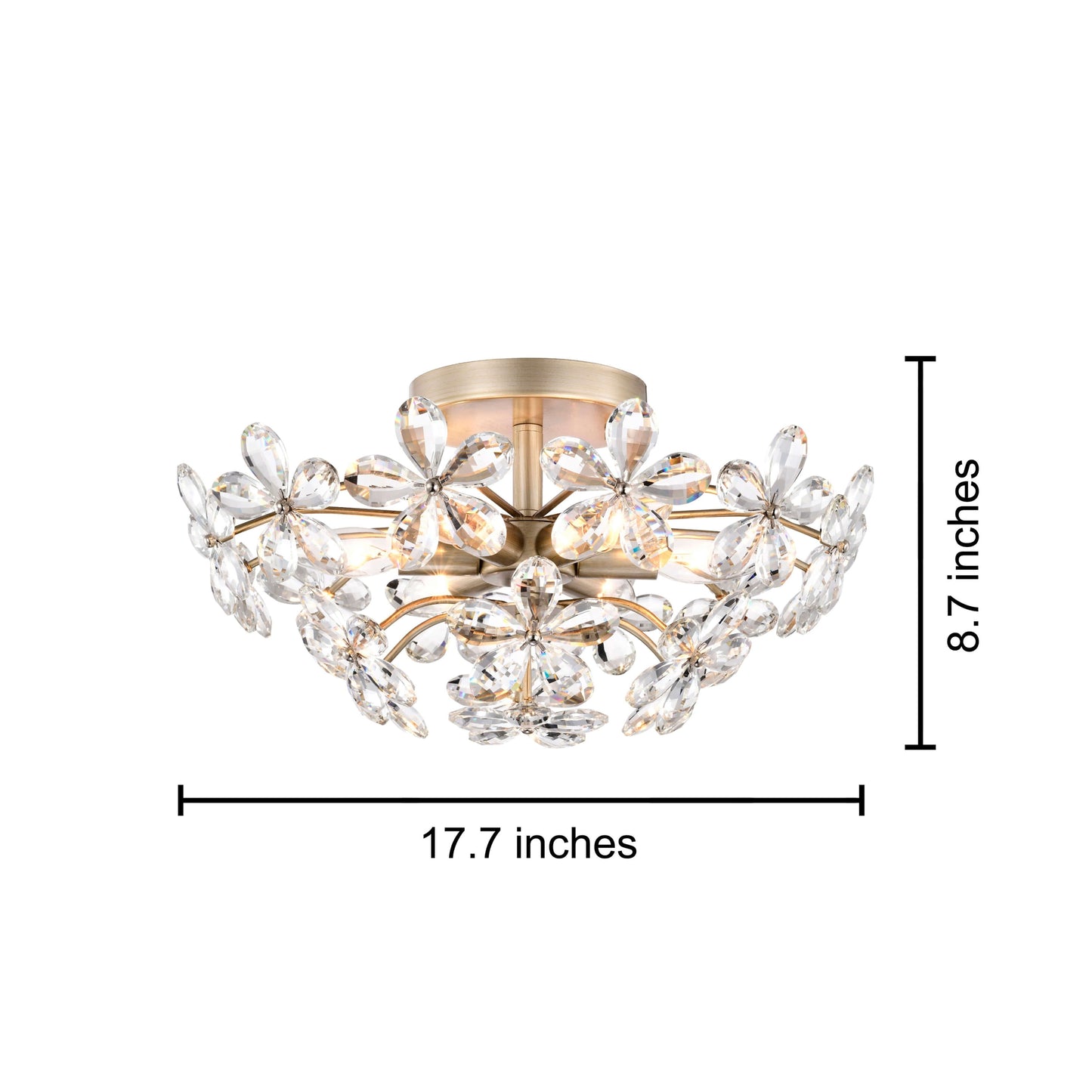 Rosa Plafonnier à 6 lumières avec cristaux en forme de fleur, couleur champagne argenté brossé - 45 cm de diamètre x 22 cm de hauteur