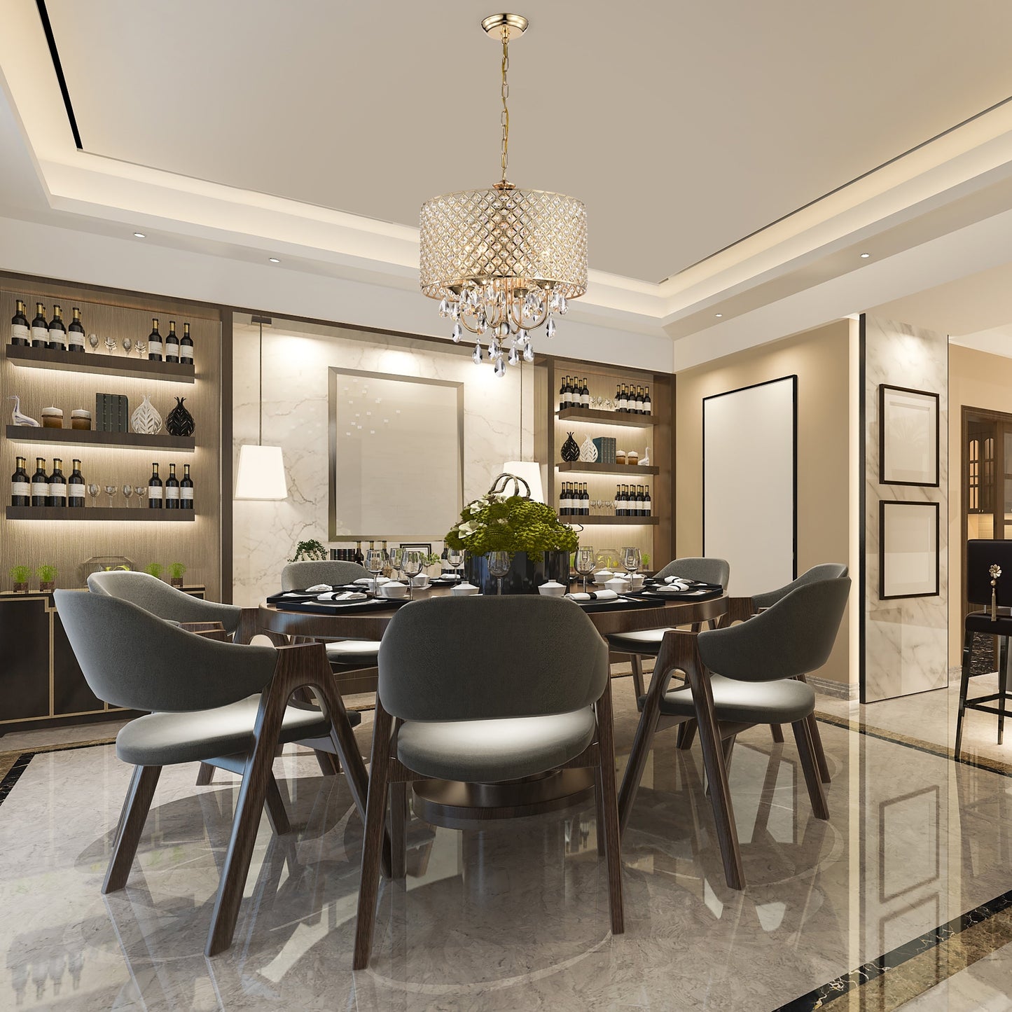 Suspension tambour ronde perlée avec cristaux suspendus