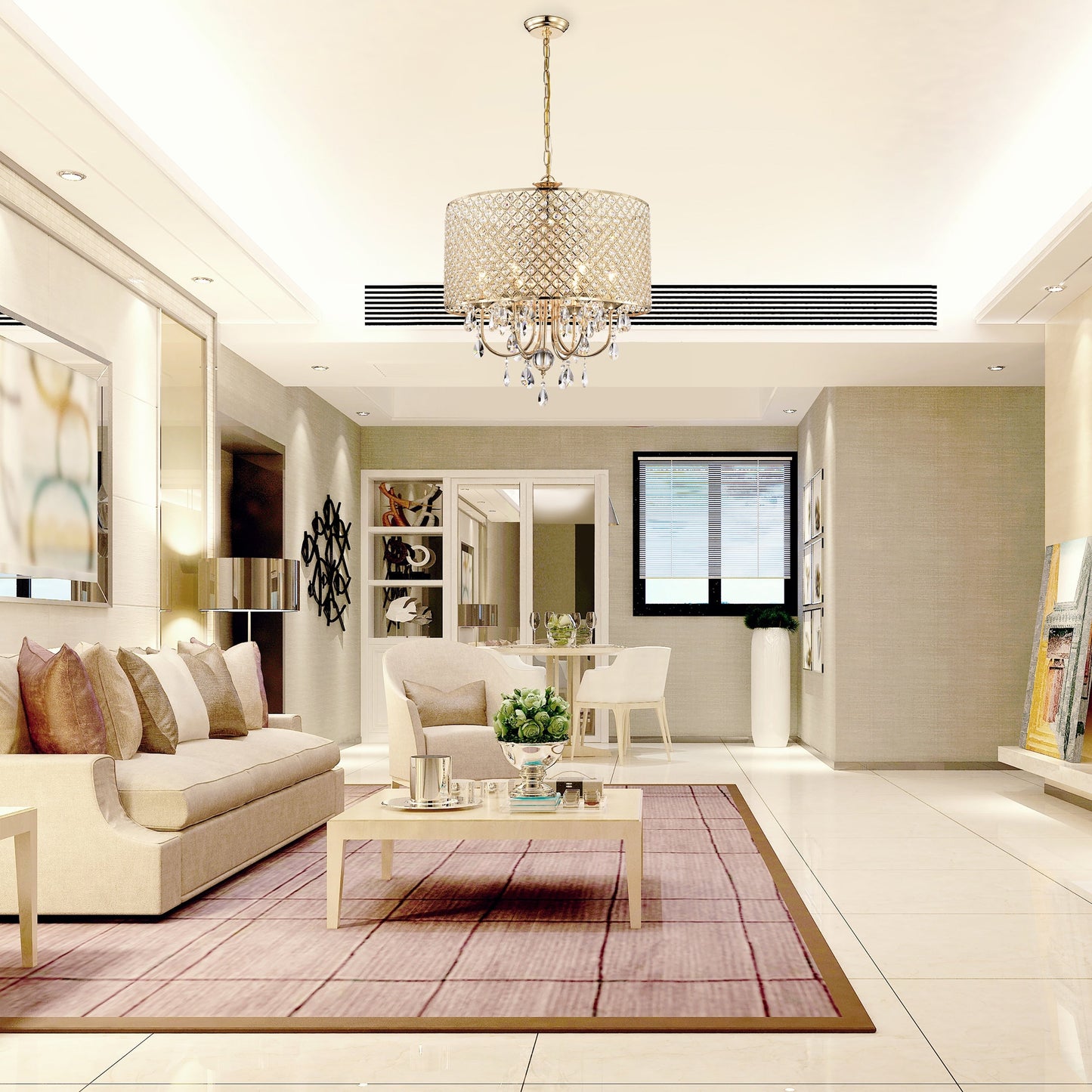 Suspension tambour ronde perlée avec cristaux suspendus