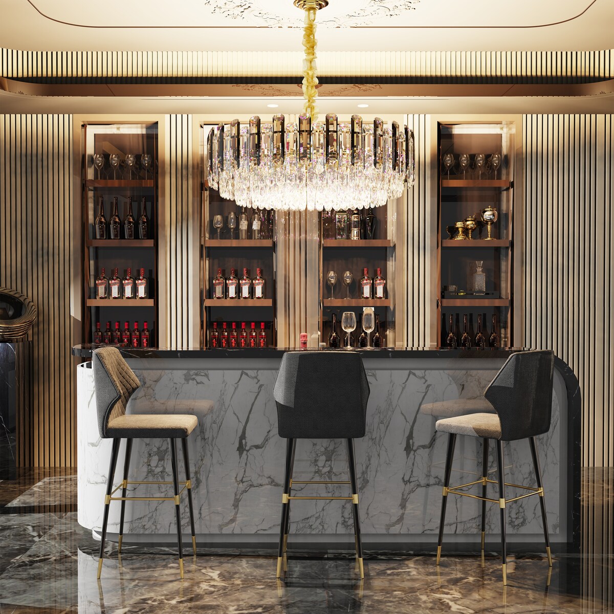 Suspension lumineuse en cristal à plusieurs couches, ronde et brillante, avec éclairage à 3 couleurs.