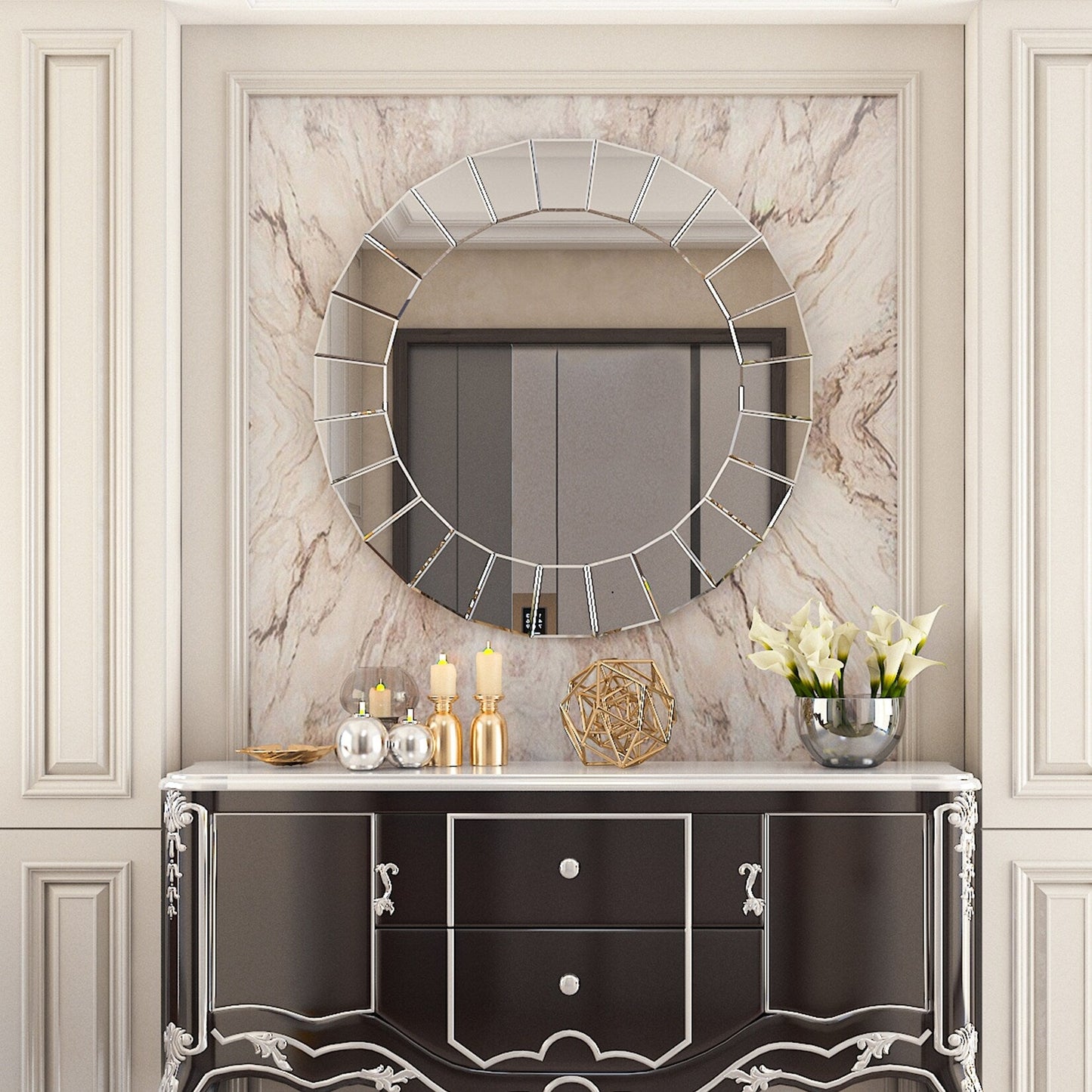 Miroir mural rond décoratif en verre, miroir vénitien orné - 32x32