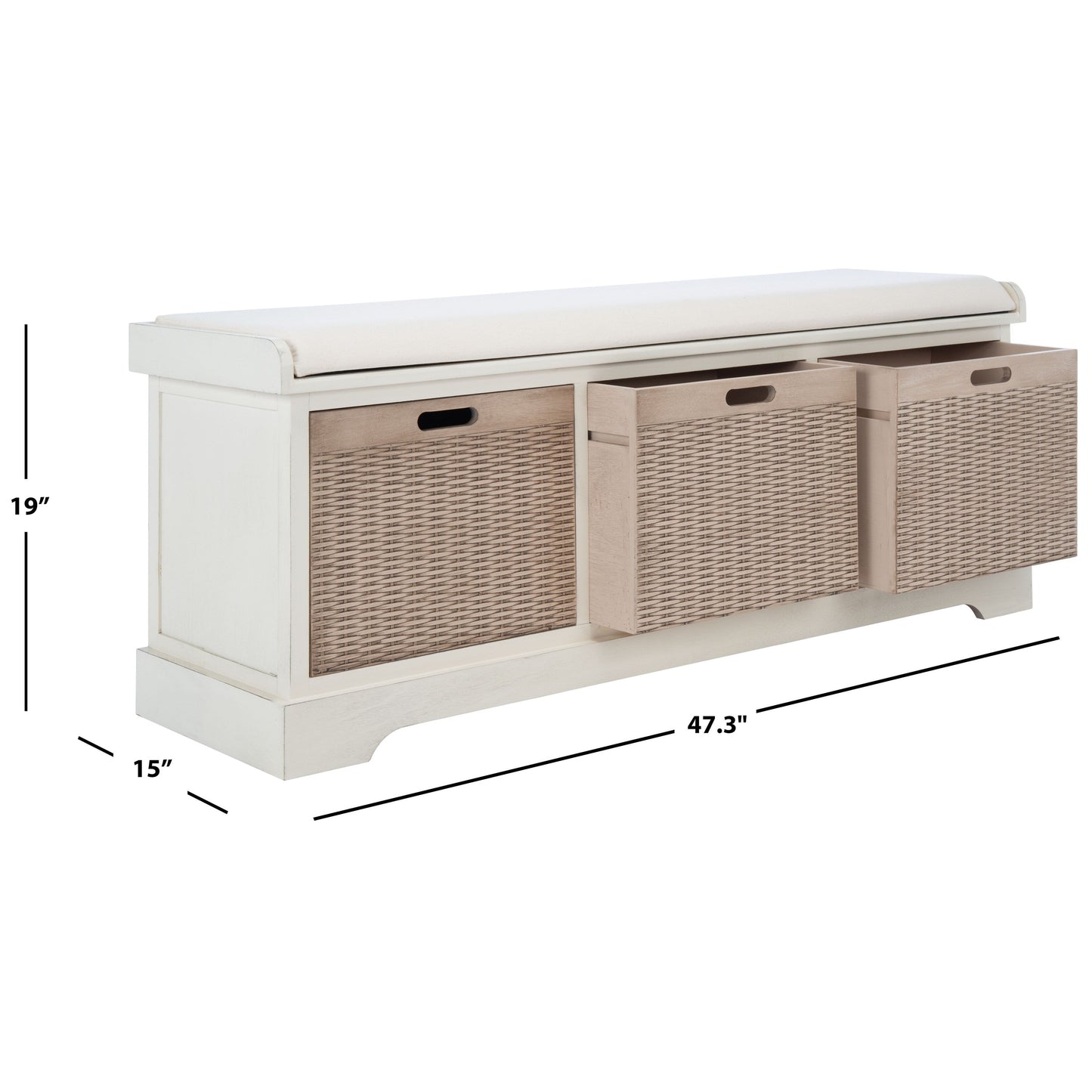 Banc de rangement avec 3 tiroirs et coussin SAFAVIEH Fiorello - 120 L x 38 l x 48 h - 120Lx38Lx48H