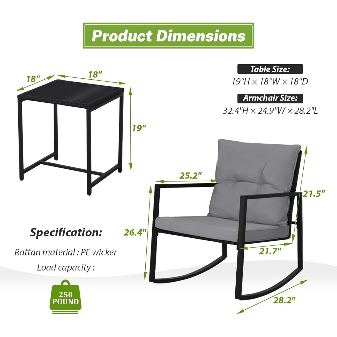 Ensemble de bistro à balançoire de patio extérieur SUNCROWN en métal noir, 3 pièces