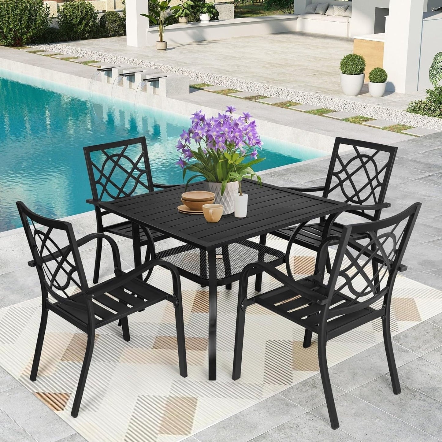 SUNCROWN Ensemble de repas d'extérieur pour patio, 5/7 pièces, en acier, avec table à lattes métalliques et chaises empilables, cadre à revêtement en poudre.