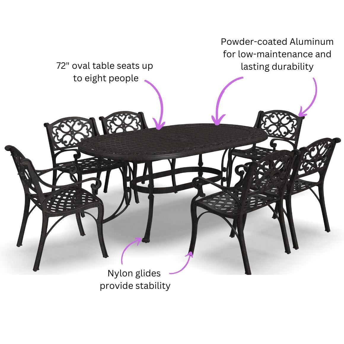 Ensemble de repas d'extérieur Sanibel en aluminium bronze, 7 pièces, comprenant une table ovale de 72 pouces et six chaises à accoudoirs de Homestyles.