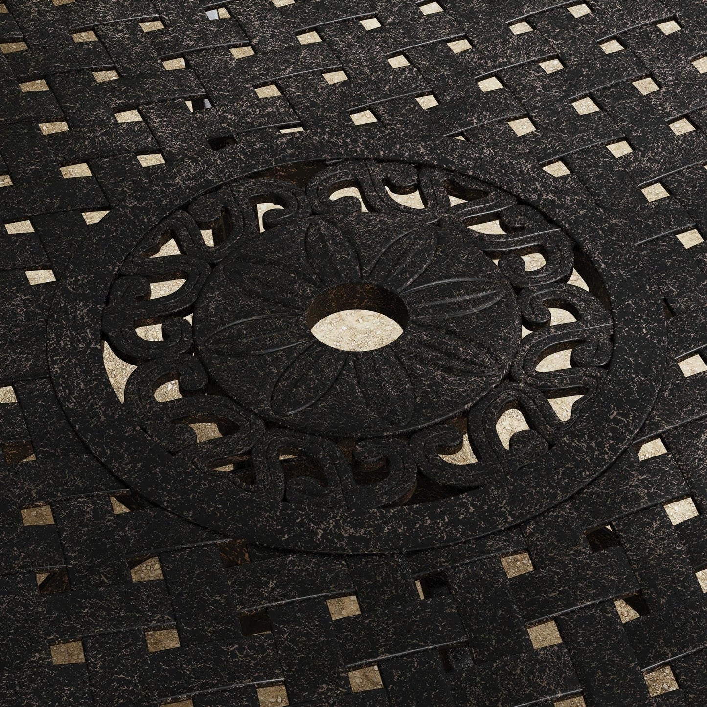 Ensemble de repas d'extérieur Sanibel en aluminium bronze, 7 pièces, comprenant une table ovale de 72 pouces et six chaises à accoudoirs de Homestyles.