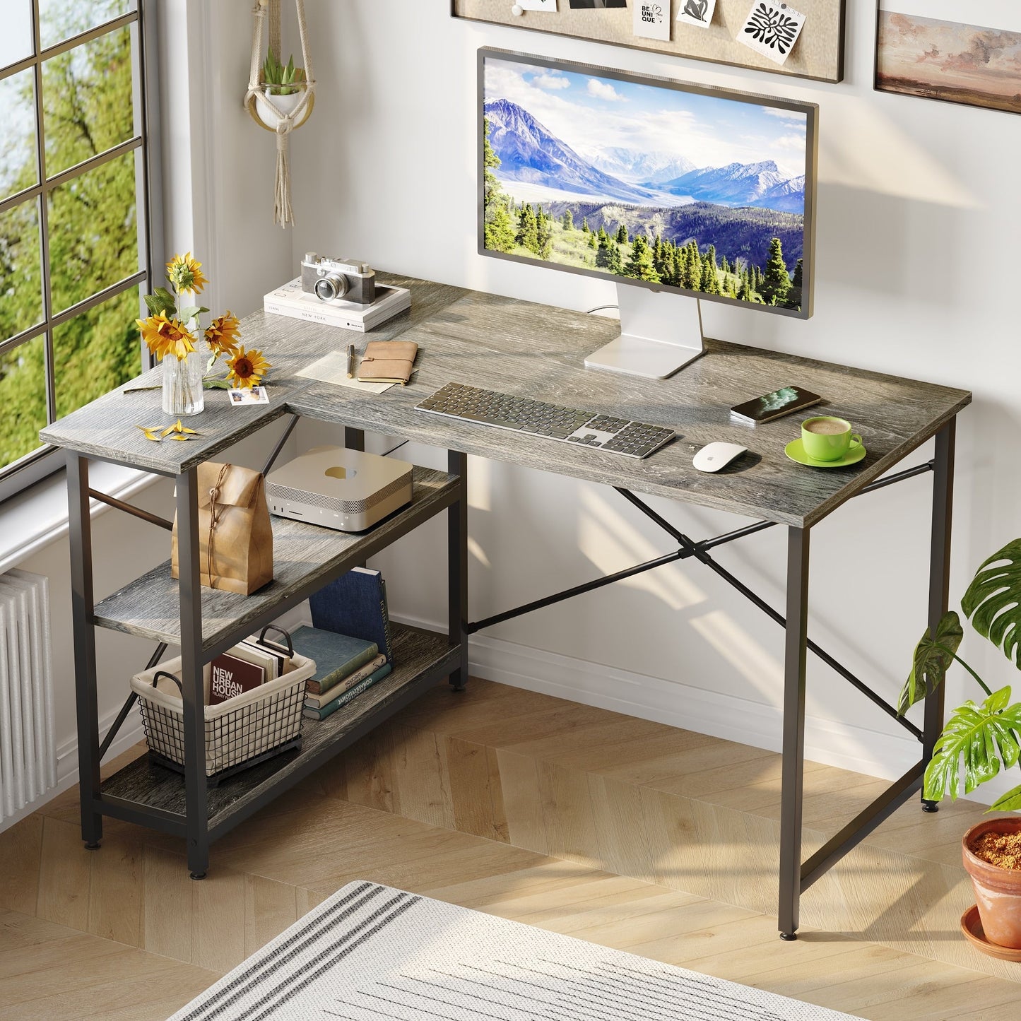 Bureau en forme de L avec étagères de rangement, bureau d'ordinateur d'angle.