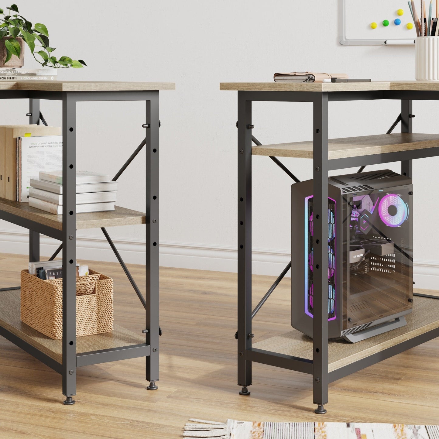 Bureau en forme de L avec étagères de rangement, bureau d'ordinateur d'angle.