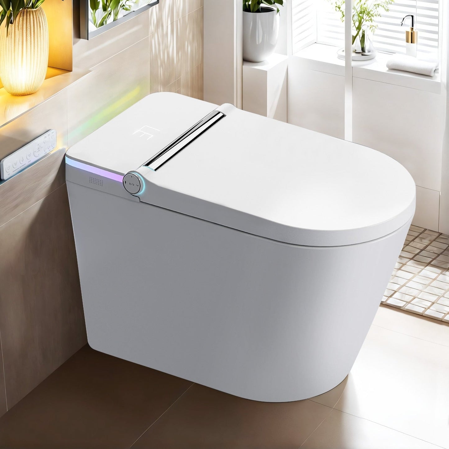 Toilettes intelligentes, Bidet à une pièce pour salles de bain, Toilettes modernes allongées avec eau chaude, Double chasse d'eau automatique, Fonctionnement par capteur de pied