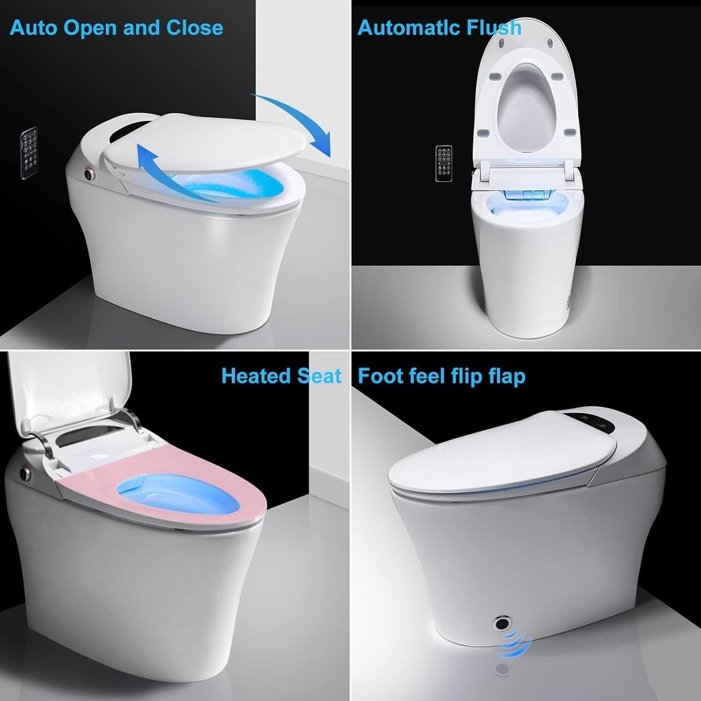 Toilettes intelligentes, Bidet à une pièce pour salles de bain, Toilettes modernes allongées avec eau chaude, Double chasse d'eau automatique, Fonctionnement par capteur de pied