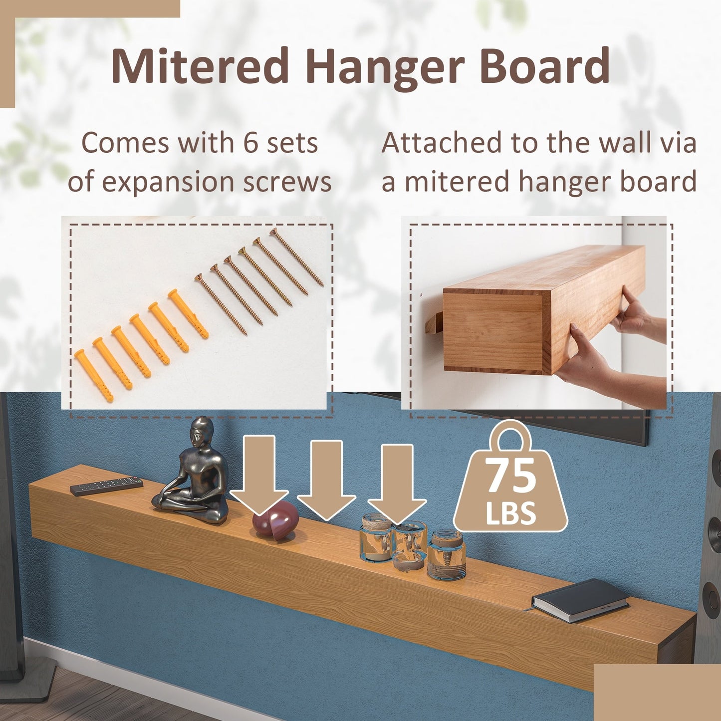 Étagère murale flottante pour cheminée en pin massif