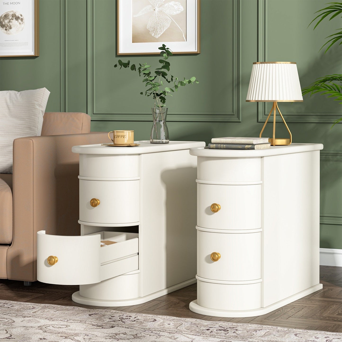 Table d'appoint en bois massif, table de chevet étroite à deux tiroirs, modèle Slim