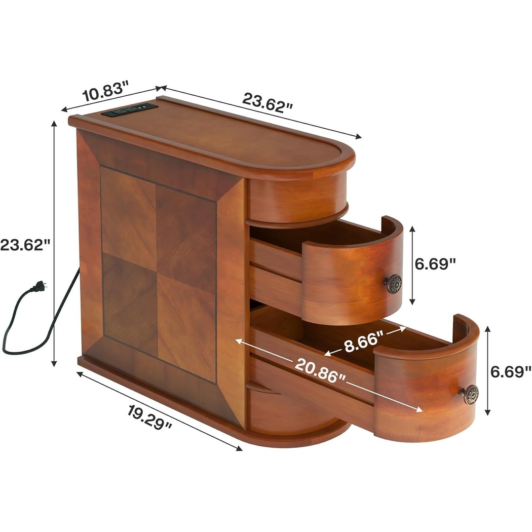 Table d'appoint en bois massif, table de chevet étroite à deux tiroirs, modèle Slim