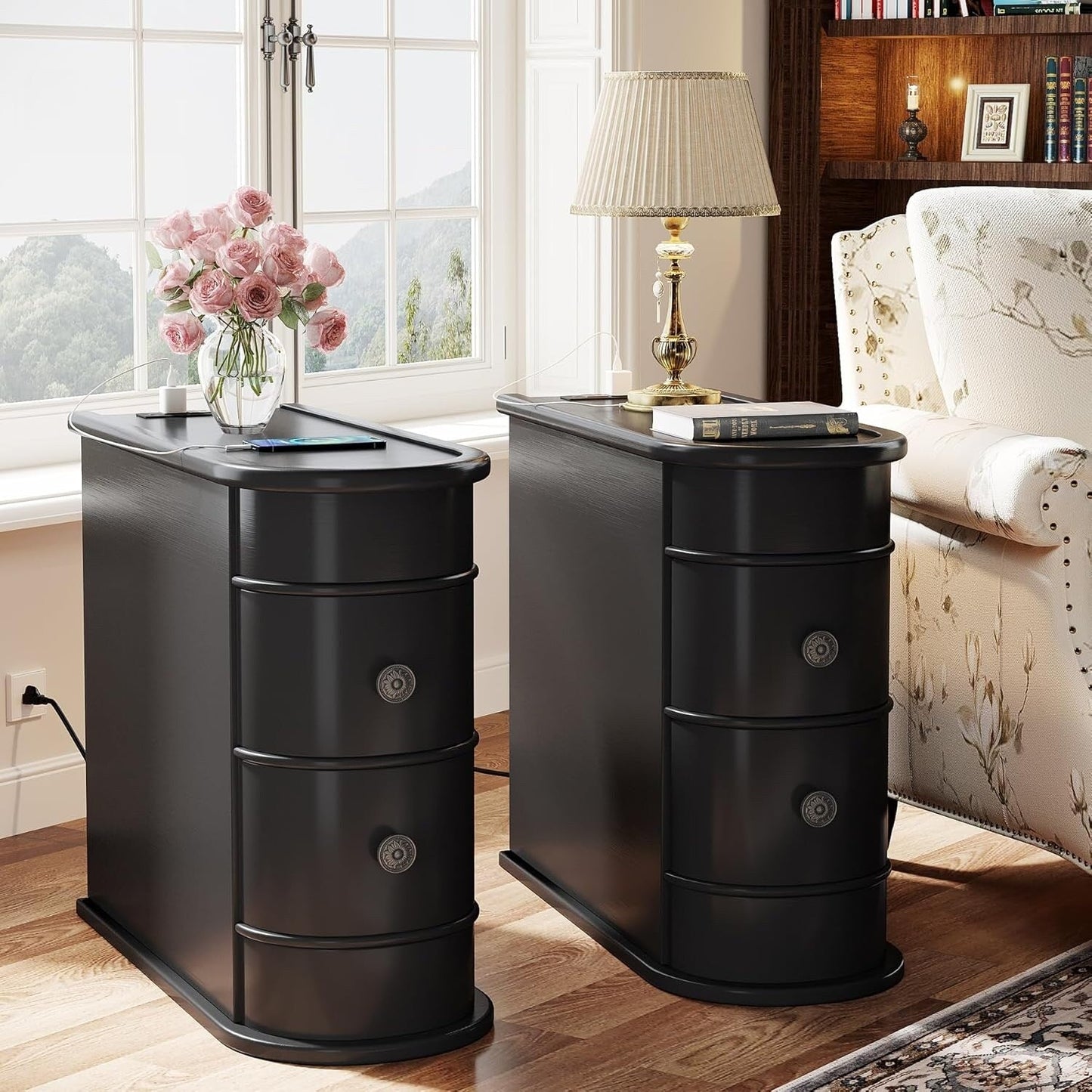 Table d'appoint en bois massif, table de chevet étroite à deux tiroirs, modèle Slim