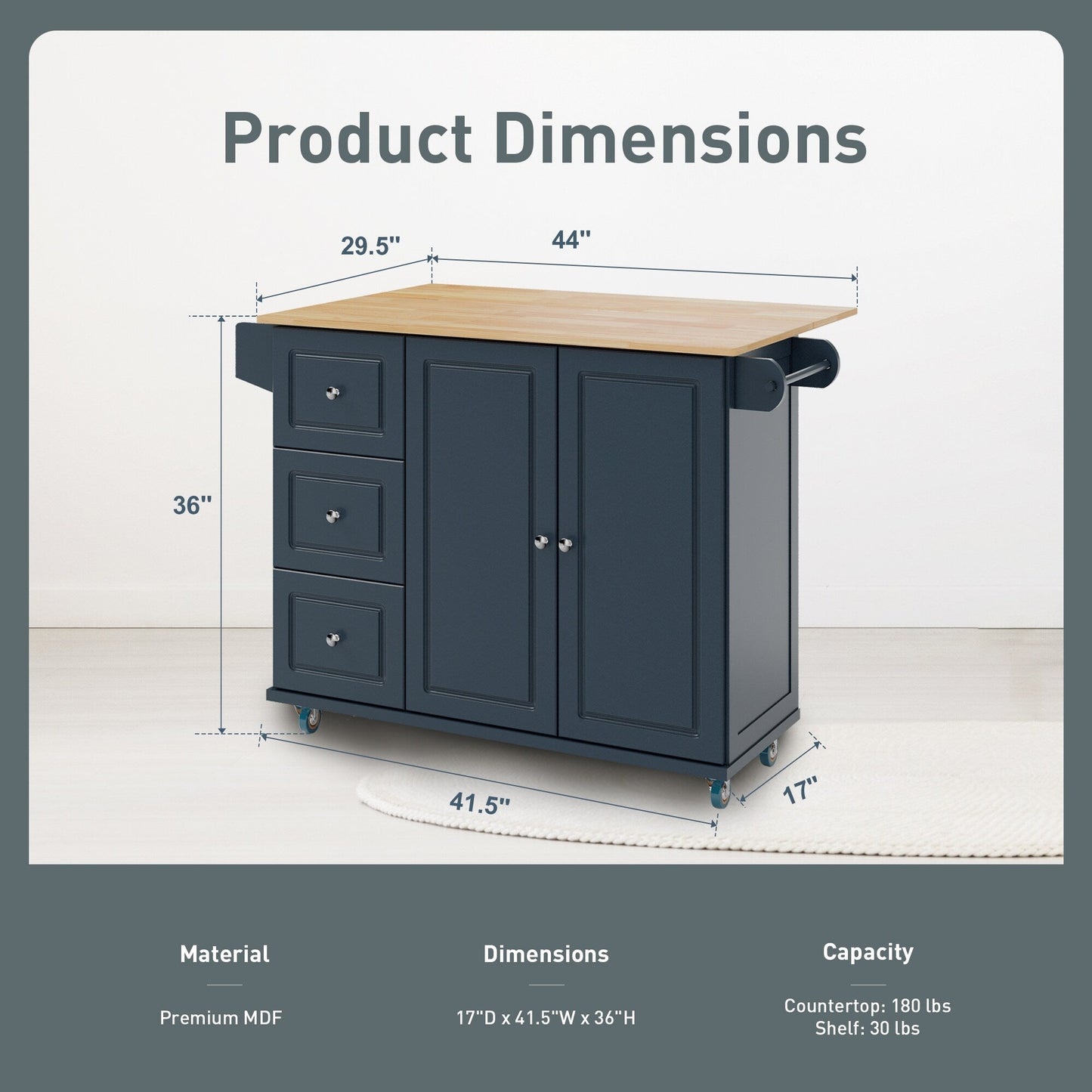 Chariot d'îlot de cuisine Sophia & William avec plateau rabattable et plateau en bois de caoutchouc, chariot de cuisine roulant avec grand placard de rangement