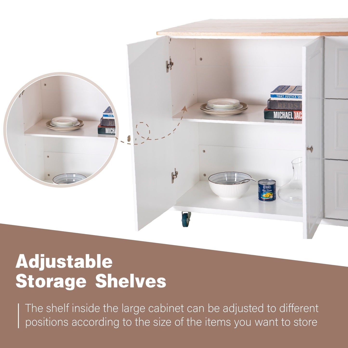 Chariot d'îlot de cuisine Sophia & William avec plateau rabattable et plateau en bois de caoutchouc, chariot de cuisine roulant avec grand placard de rangement