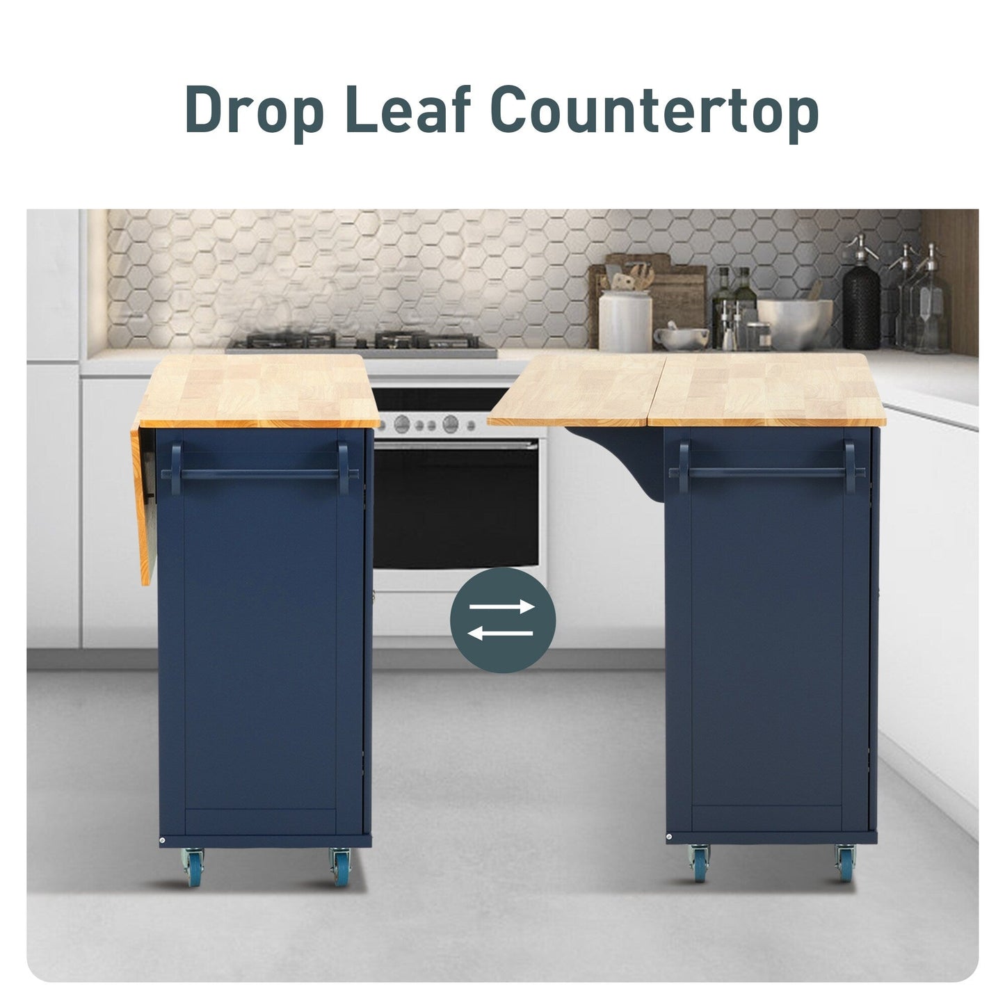 Chariot d'îlot de cuisine Sophia & William avec plateau rabattable et plateau en bois de caoutchouc, chariot de cuisine roulant avec grand placard de rangement