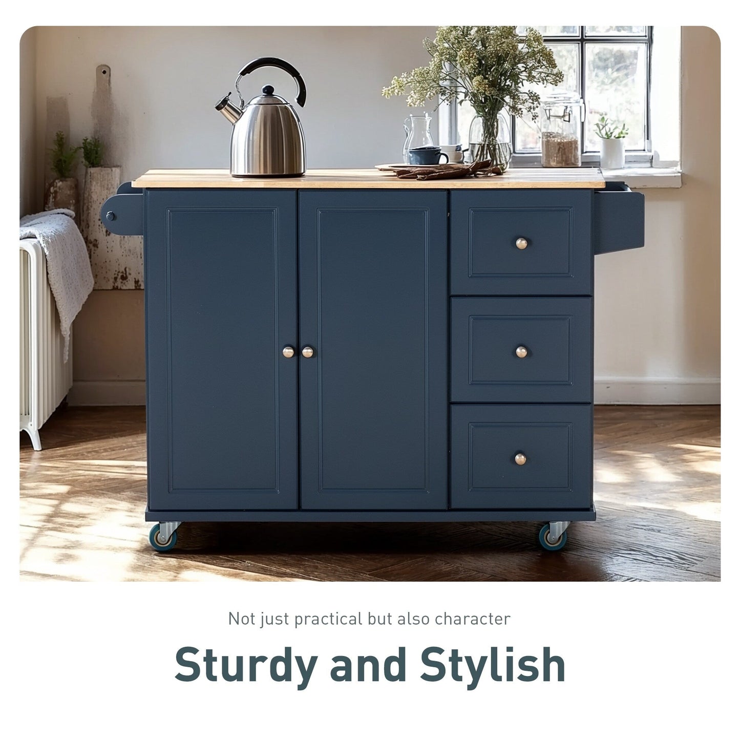 Chariot d'îlot de cuisine Sophia & William avec plateau rabattable et plateau en bois de caoutchouc, chariot de cuisine roulant avec grand placard de rangement