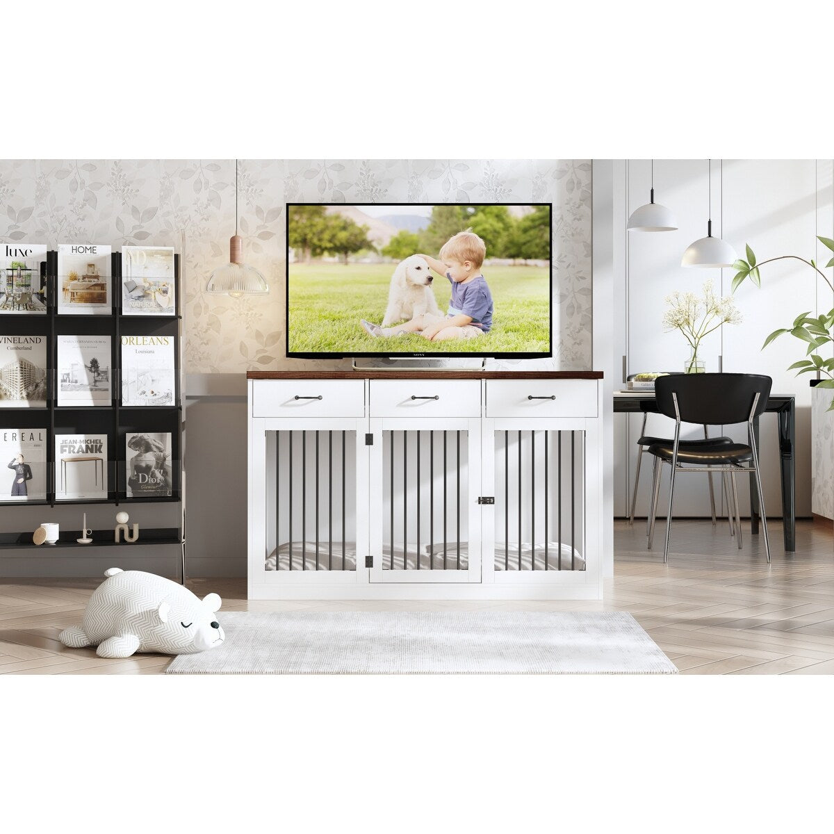 Meuble-cage pour chien en bois élégant avec rangement, 3 tiroirs